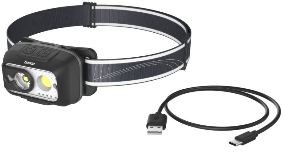 Czarna latarka czołowa Hama z kablem USB-C na białym tle.