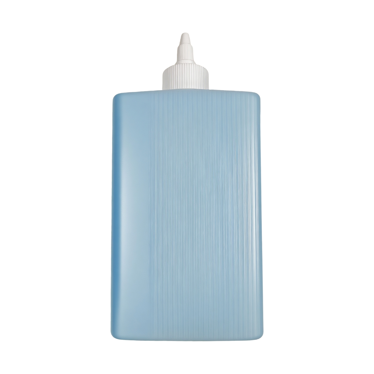 Eine hellblaue Plastikflasche mit weißem Schraubverschluss und schmaler Tülle.