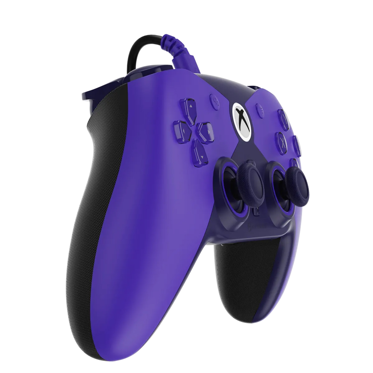 Lila und schwarzer Xbox-Controller mit Kabel, Nahaufnahme.