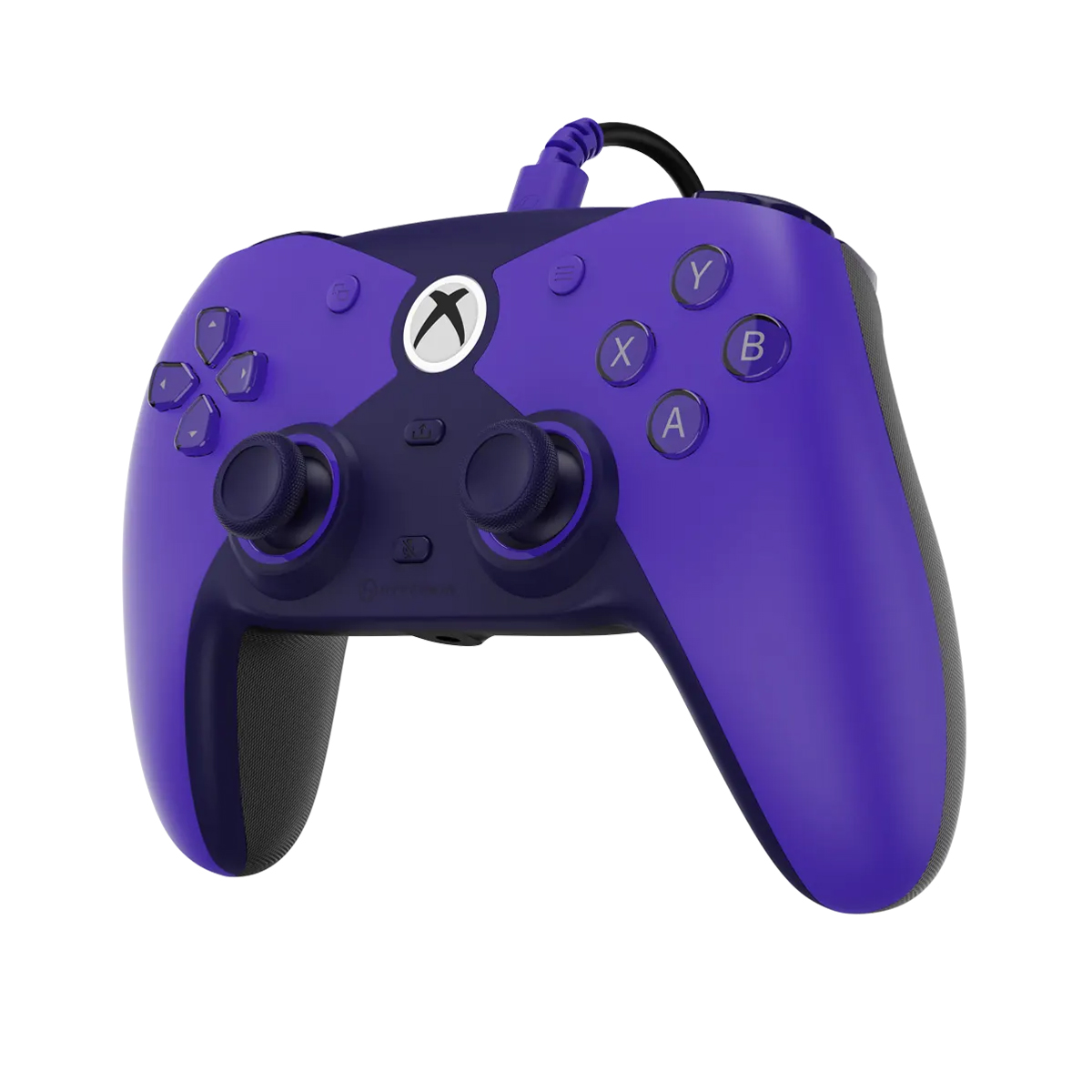 Lila und dunkelblauer Xbox-Controller mit Kabel und Xbox-Logo.