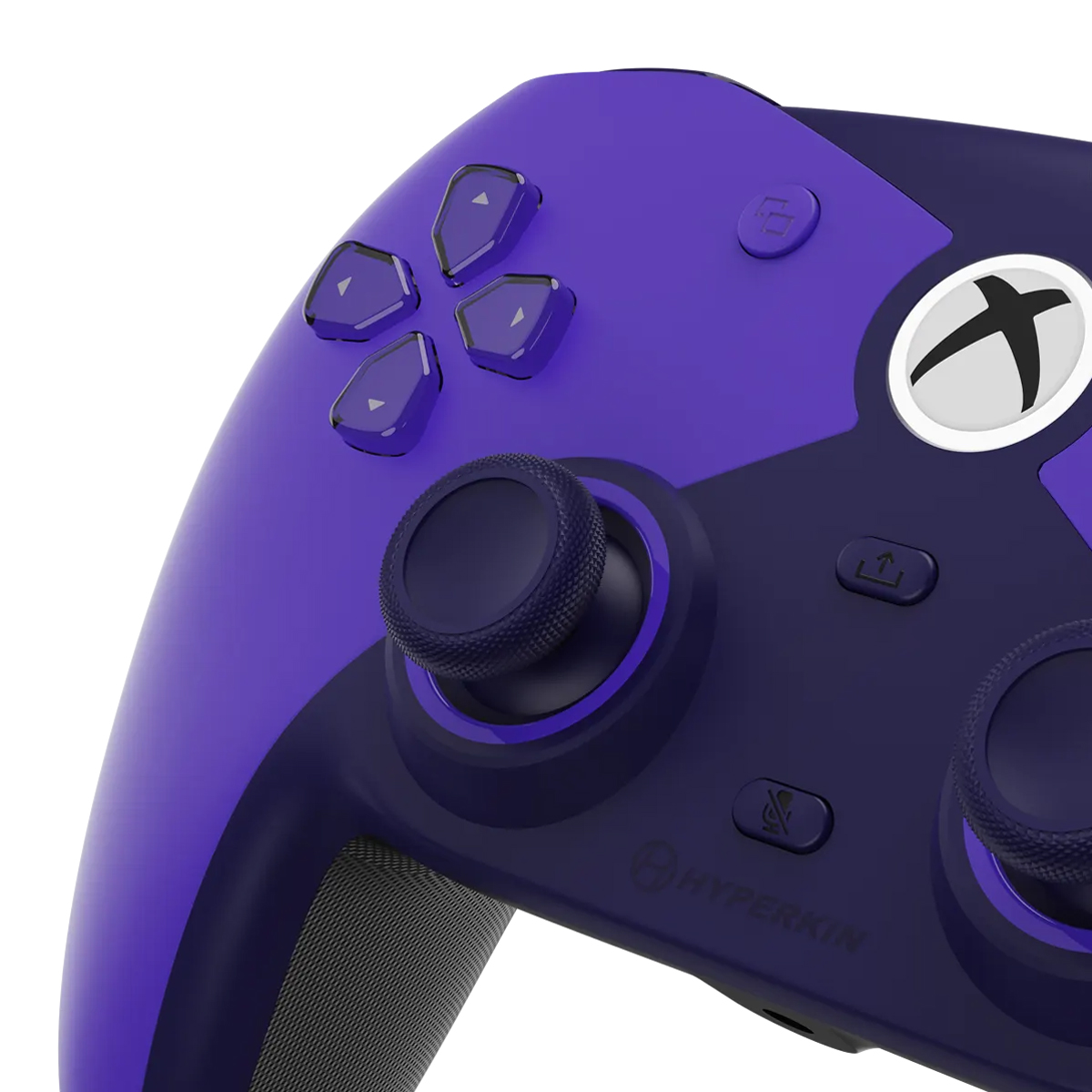 Eine lila und dunkelblaue Xbox-Controller mit Richtungstasten und Joysticks.