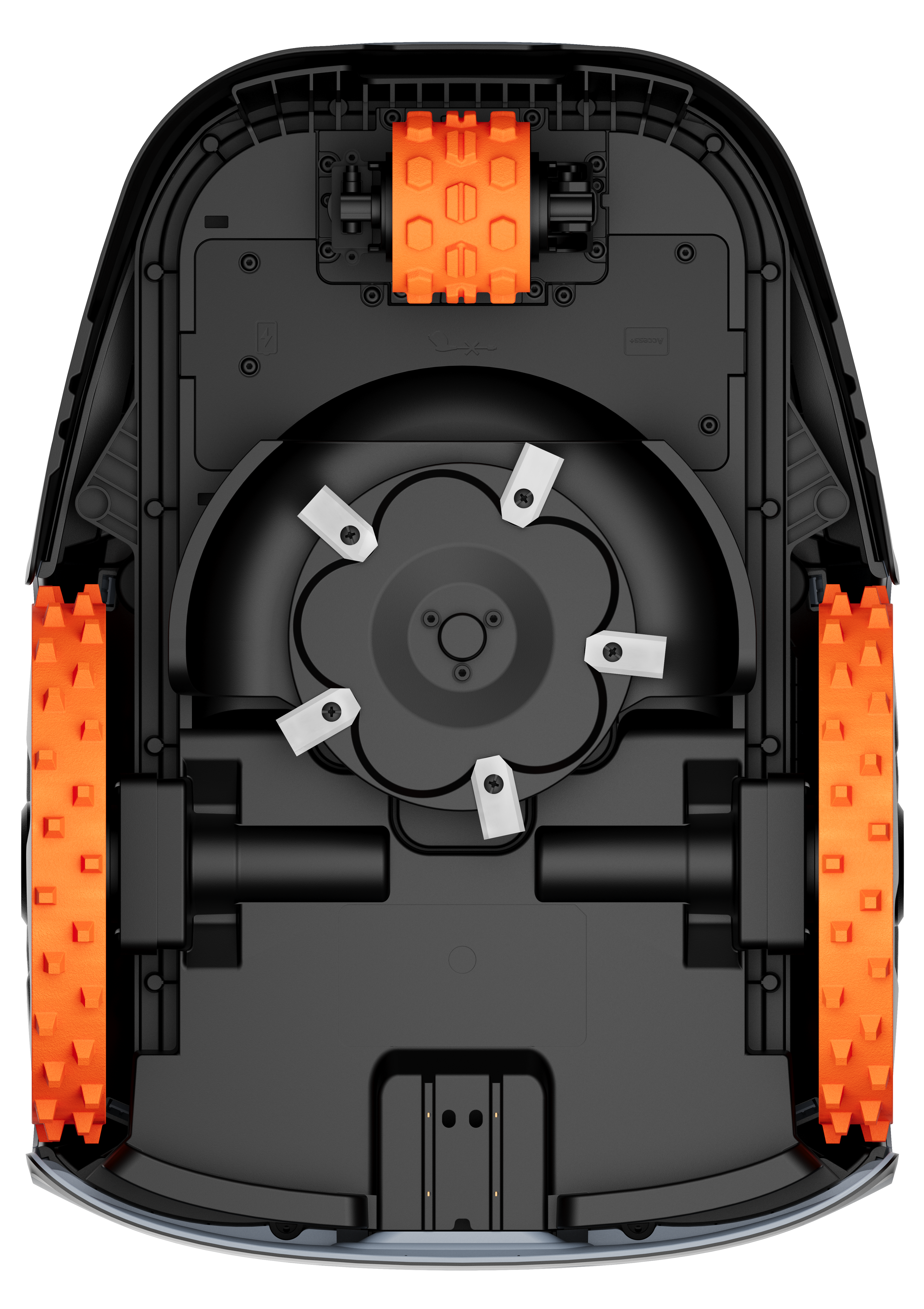 Unterseite eines Mähroboters mit schwarzen Rädern und orangefarbenen Akzenten.