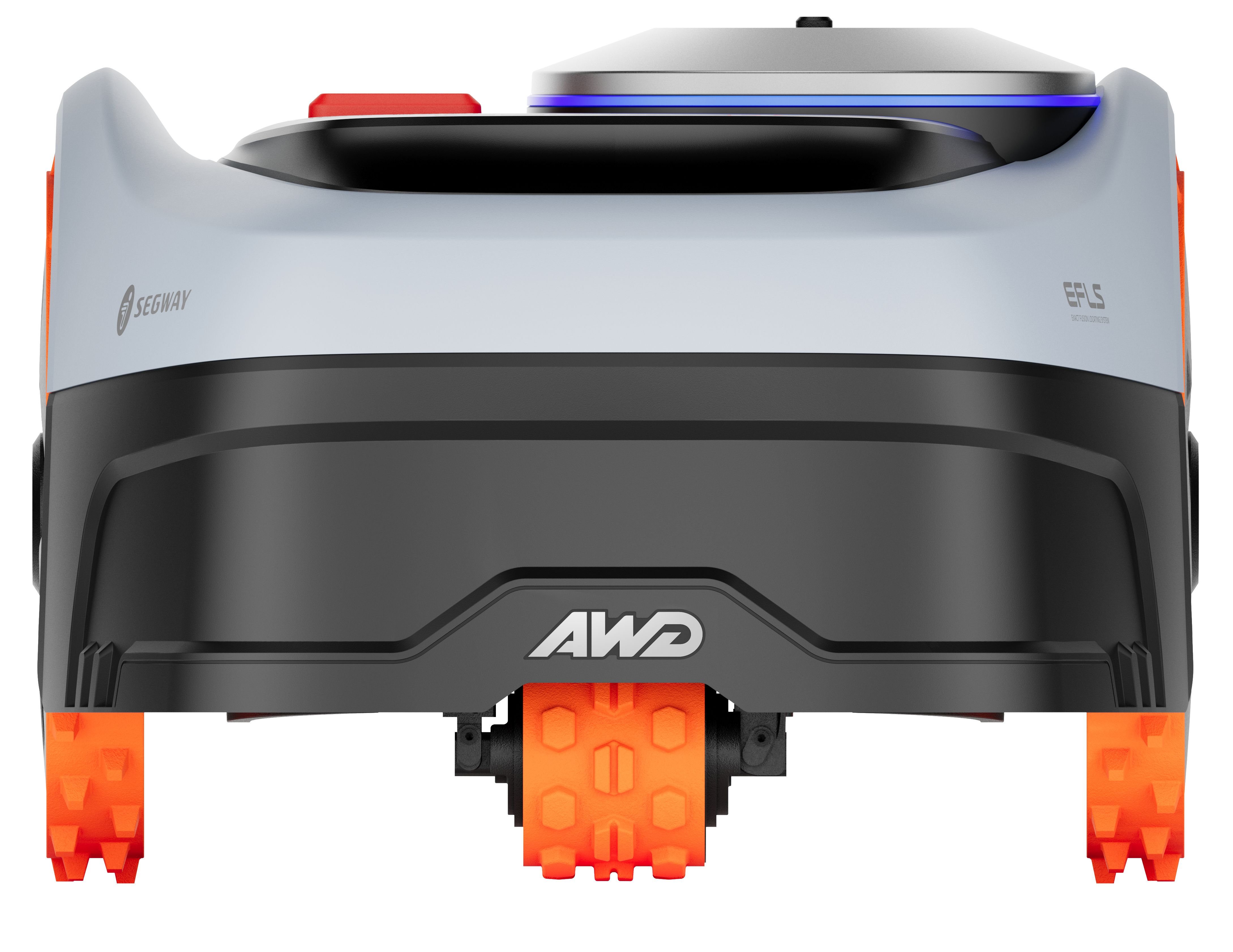 Ein weißer und grauer Mähroboter mit orangefarbenen Rädern und blauen Lichtern.