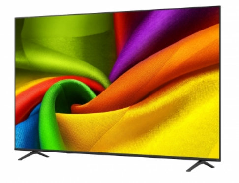 Modern bir TV, yeşil, sarı, turuncu, kırmızı ve mor renklerde dönen kurdelelerden oluşan renkli soyut bir desen sergiliyor.