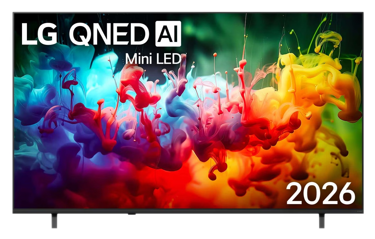 Telewizor LG QNED AI Mini LED z kolorowymi chmurami tuszu i rokiem 2026.