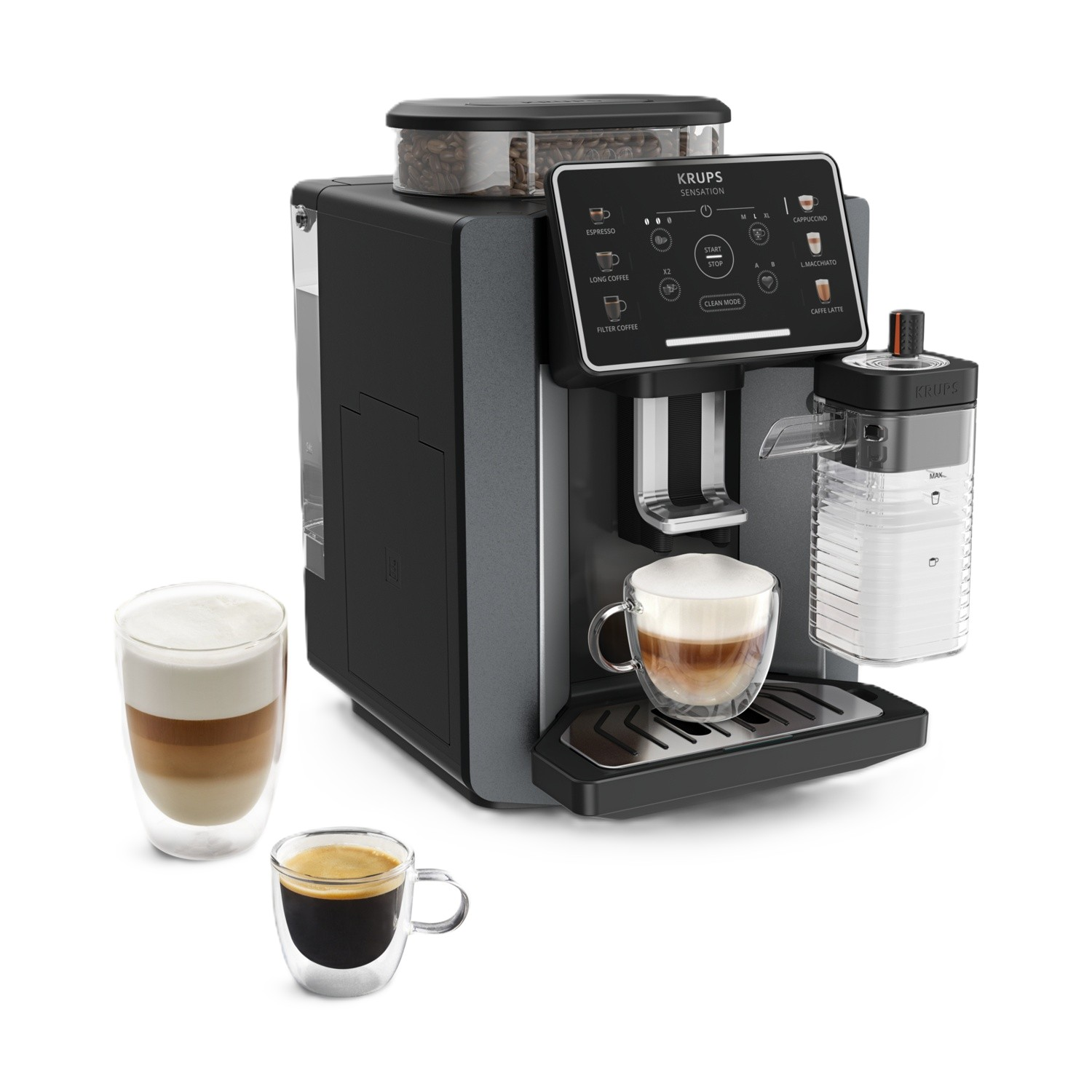 Una macchina da caffè Krups con contenitore per chicchi e due tazze da caffè.