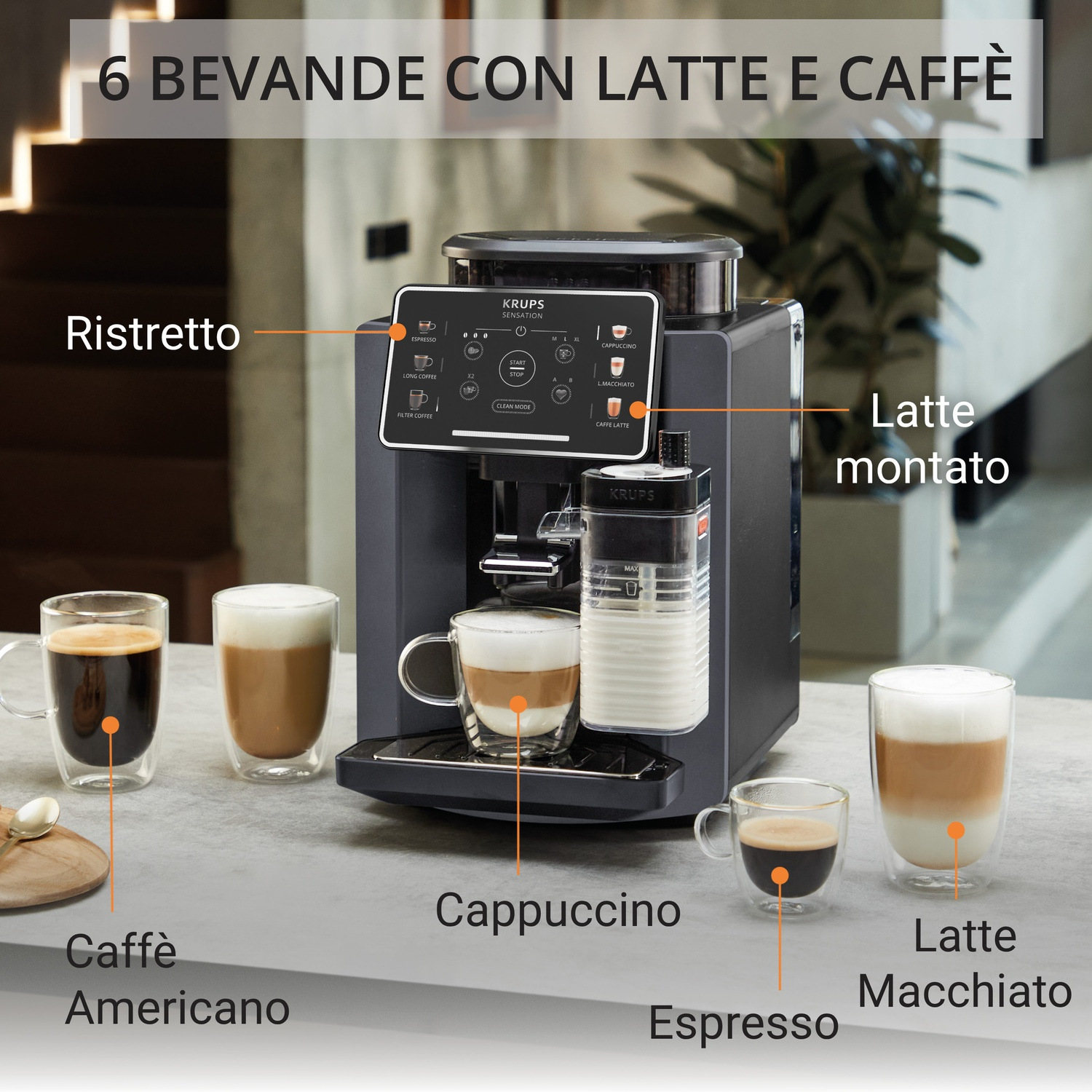 Macchina da caffè Krups con 6 bevande al caffè in vari bicchieri.