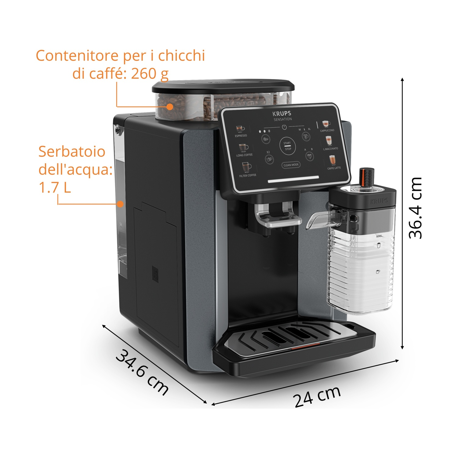 Una macchina da caffè KRUPS nera con contenitore chicchi, serbatoio acqua e pannello.