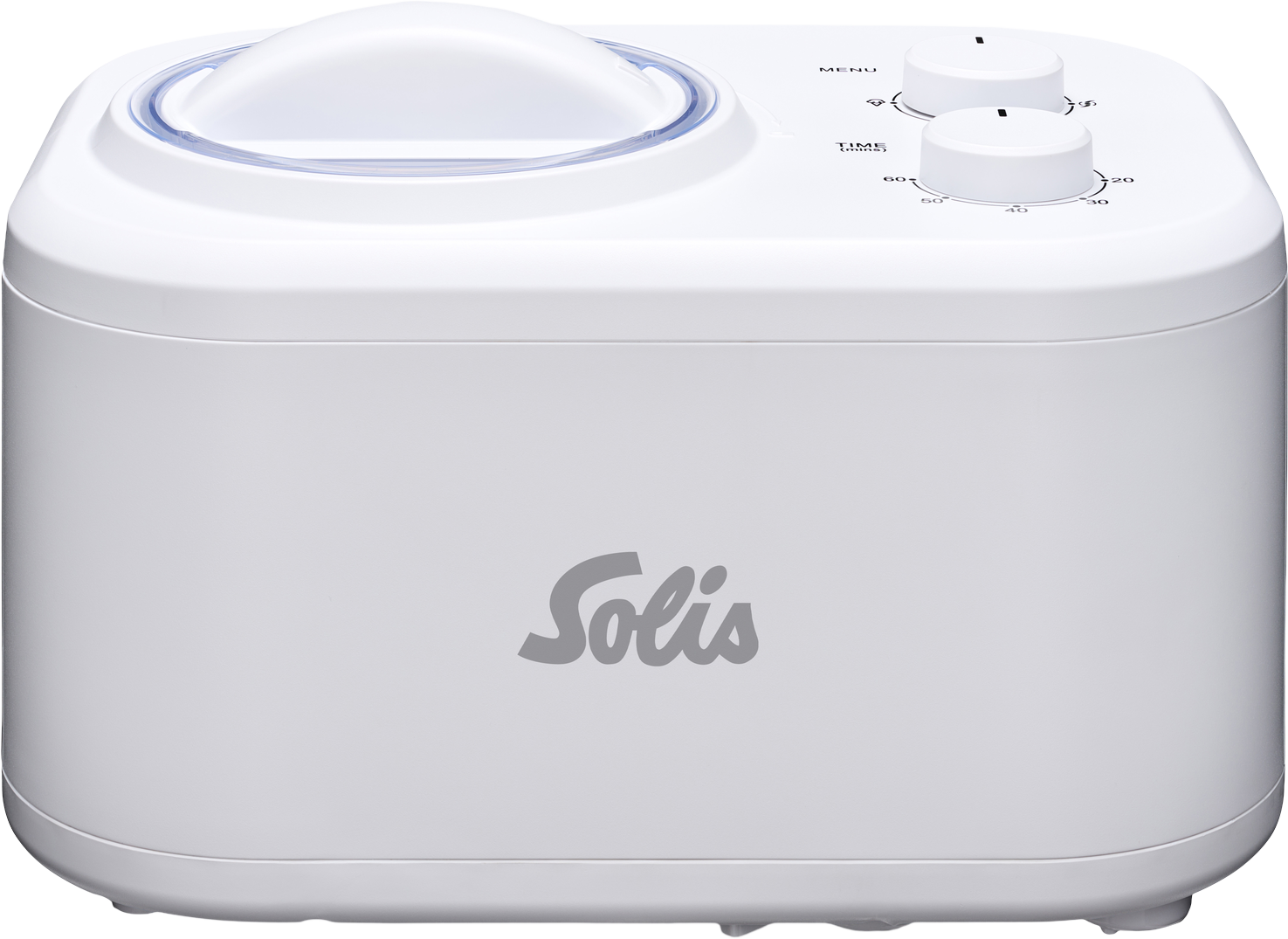 Een witte Solis ijsmachine timer met twee draaiknoppen op zwarte achtergrond.