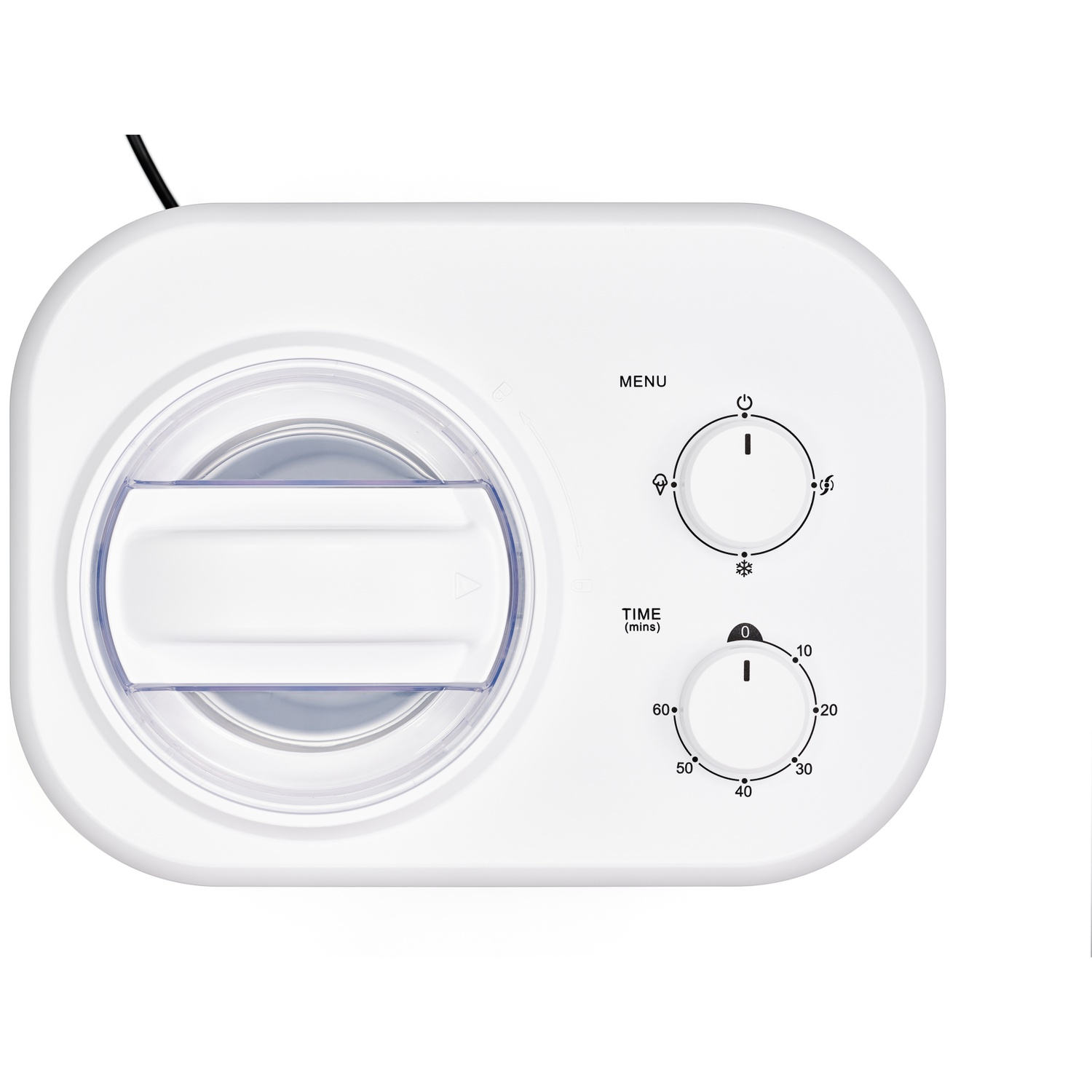 Witte ijsmachine met transparante deksel en twee draaiknoppen voor menu en tijd.