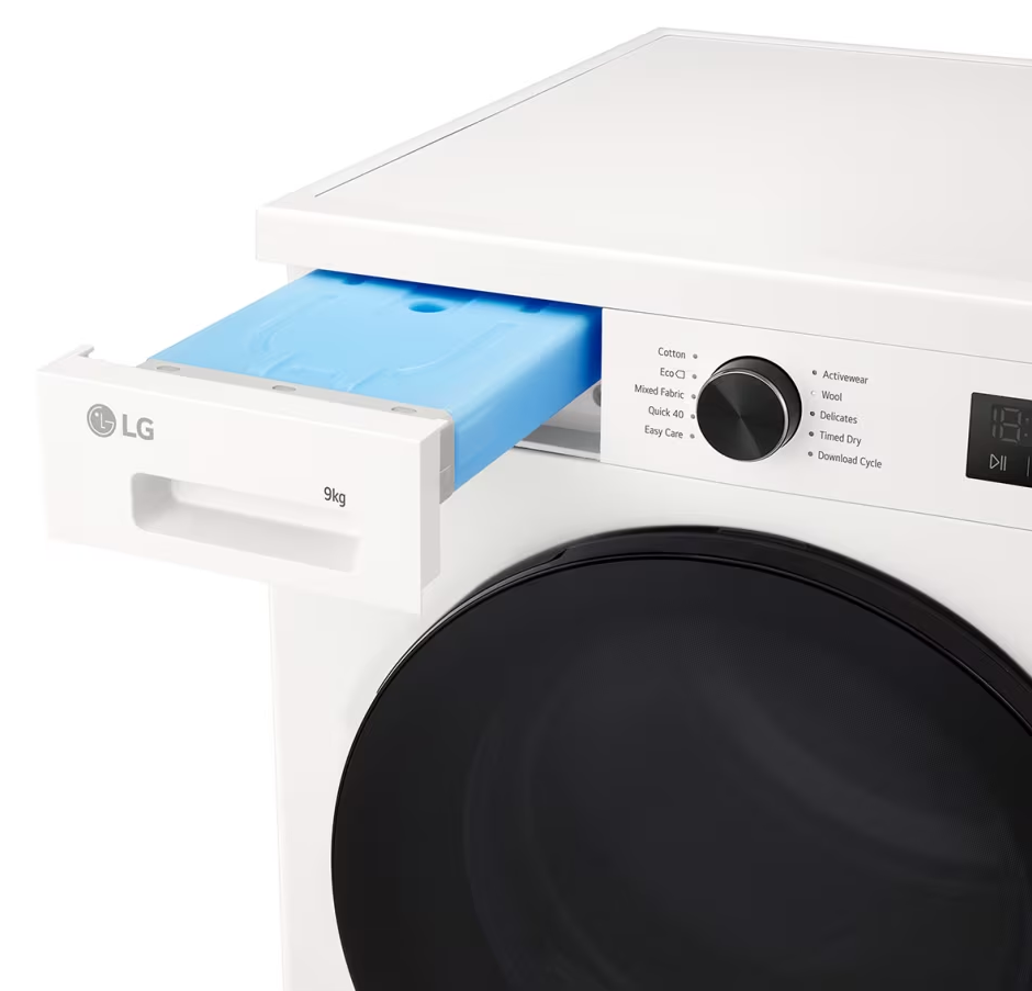 Fehér LG mosógép kihúzott 9 kg-os fiókkal és kék betéttel.