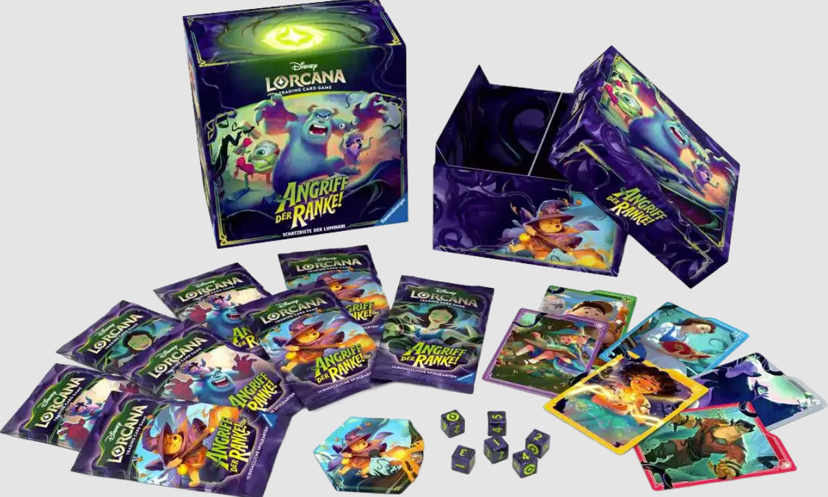 Disney Lorcana Spielkarten-Set mit Figuren und Würfeln.