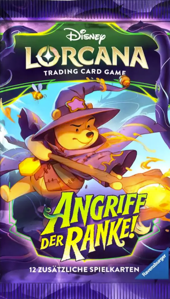 Winnie Puuh als Zauberer mit Hexenhut und Zauberstab, umgeben von Ranken.