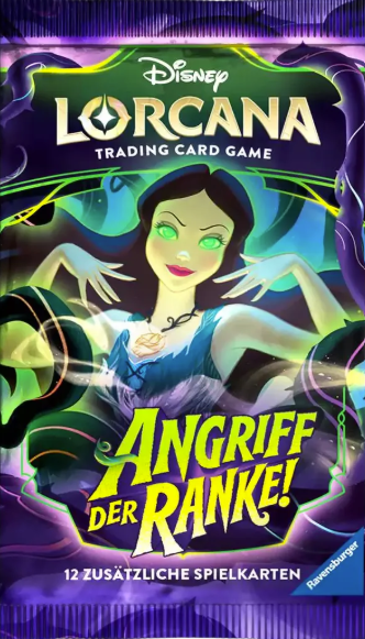 Trading Card Game Pack mit böser Frau, die Ranken und Disney Lorcana Logo.