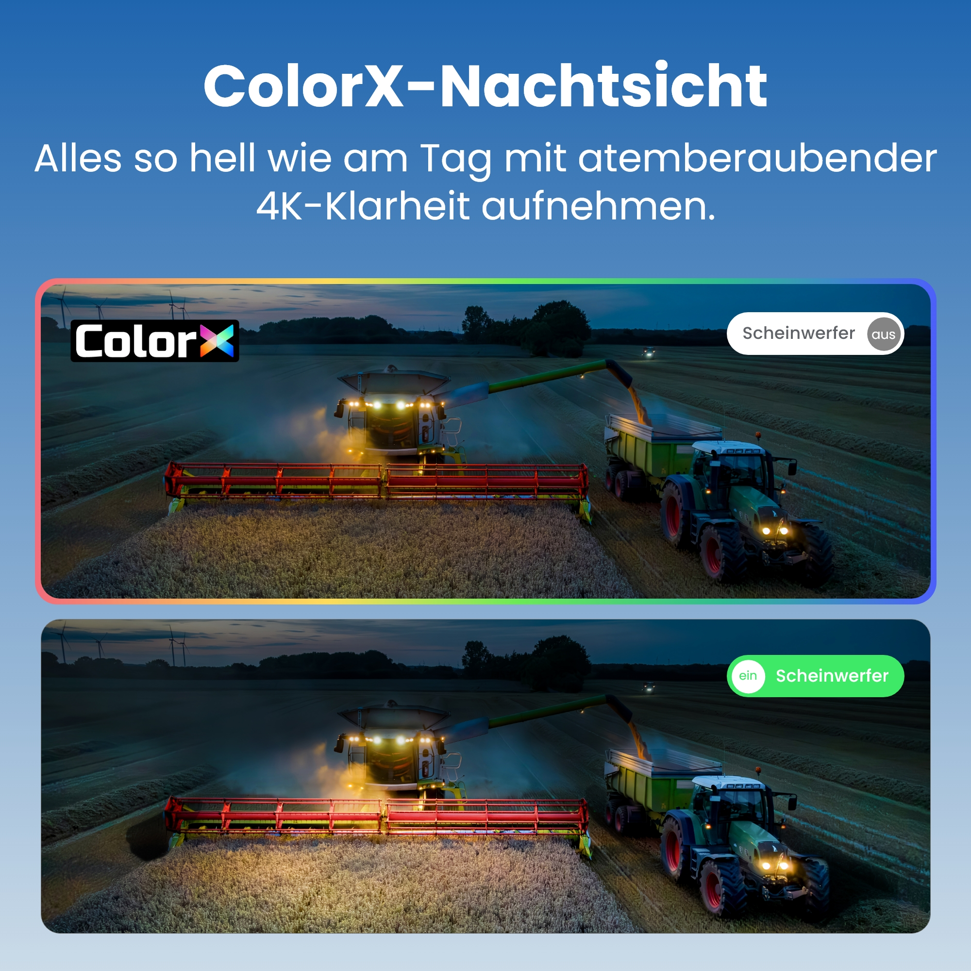 Ein Mähdrescher erntet bei Nacht, Scheinwerfer beleuchten das Feld.