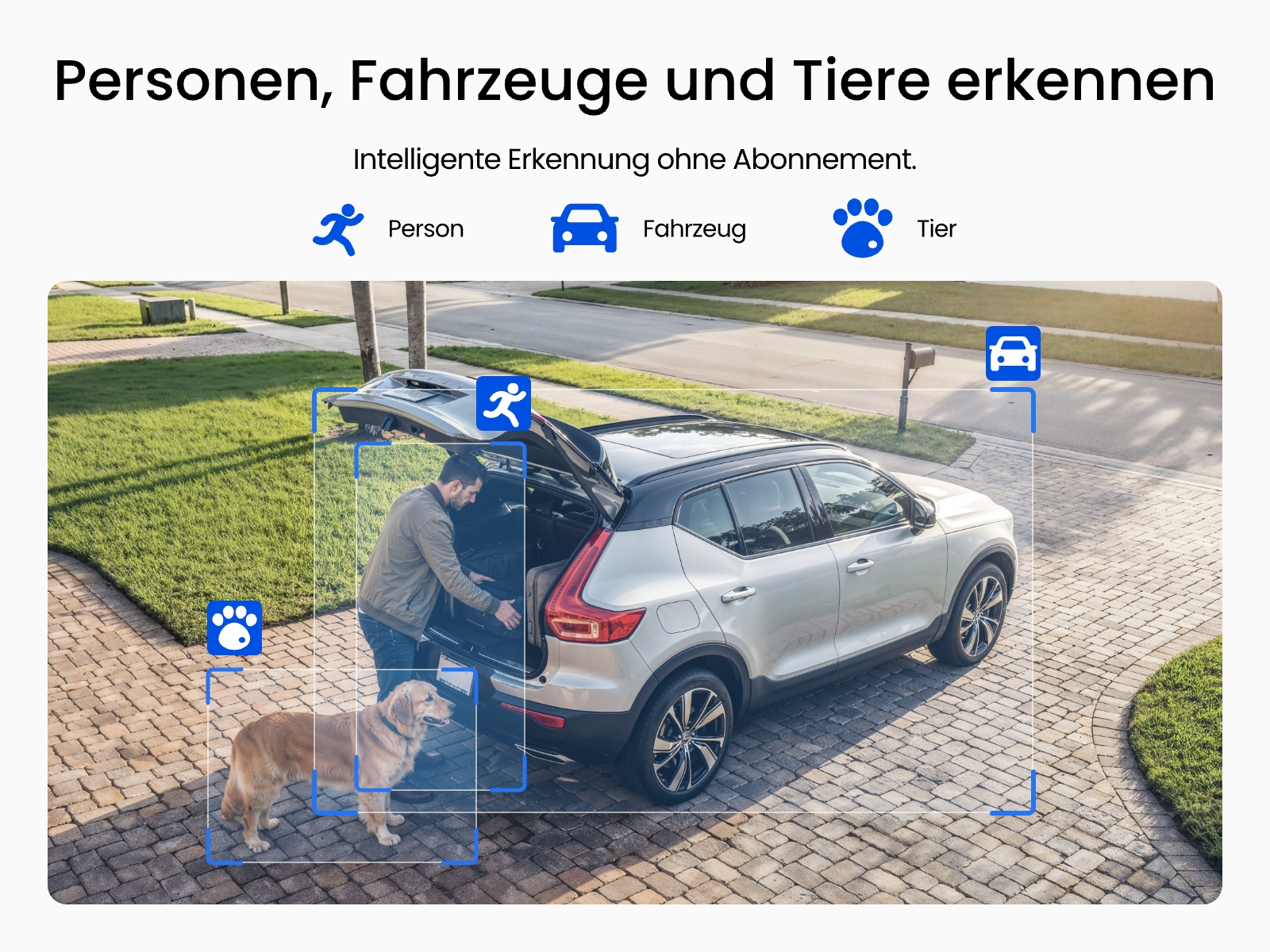 Mann lädt Gepäck in Auto, Hund steht daneben. Symbole für Person, Fahrzeug, Tier.