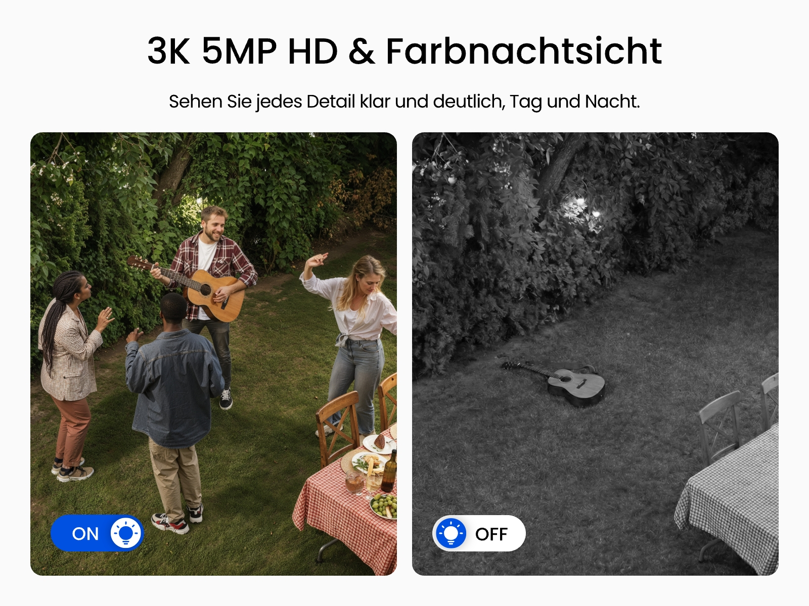 Zwei Szenen: Ein Garten bei Tag mit vier Personen, eine spielt Gitarre. Nachtansicht im Grayscale.