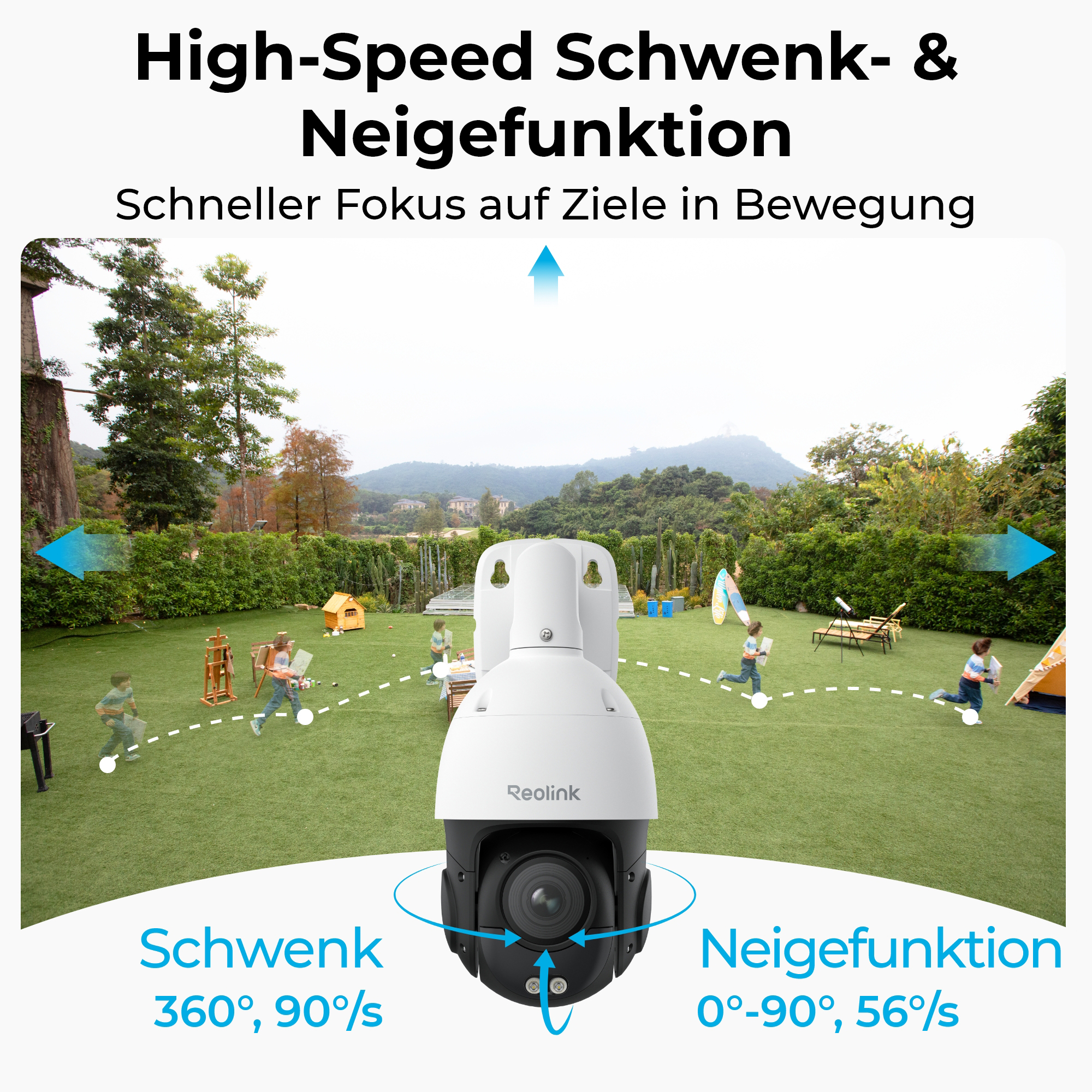 Überwachungskamera im Freien mit Kindern, die auf einem Rasen spielen. Schwenk-/Neigefunktion.