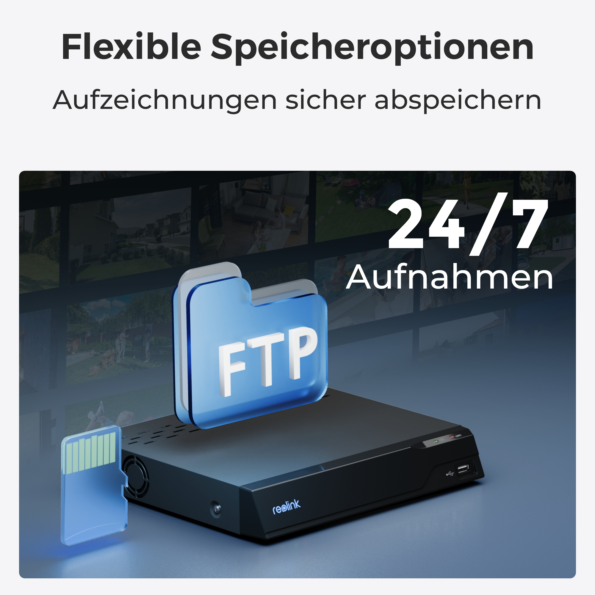 Ein NVR mit SD-Karte und FTP-Symbol überlagert mit Überwachungsbildern.