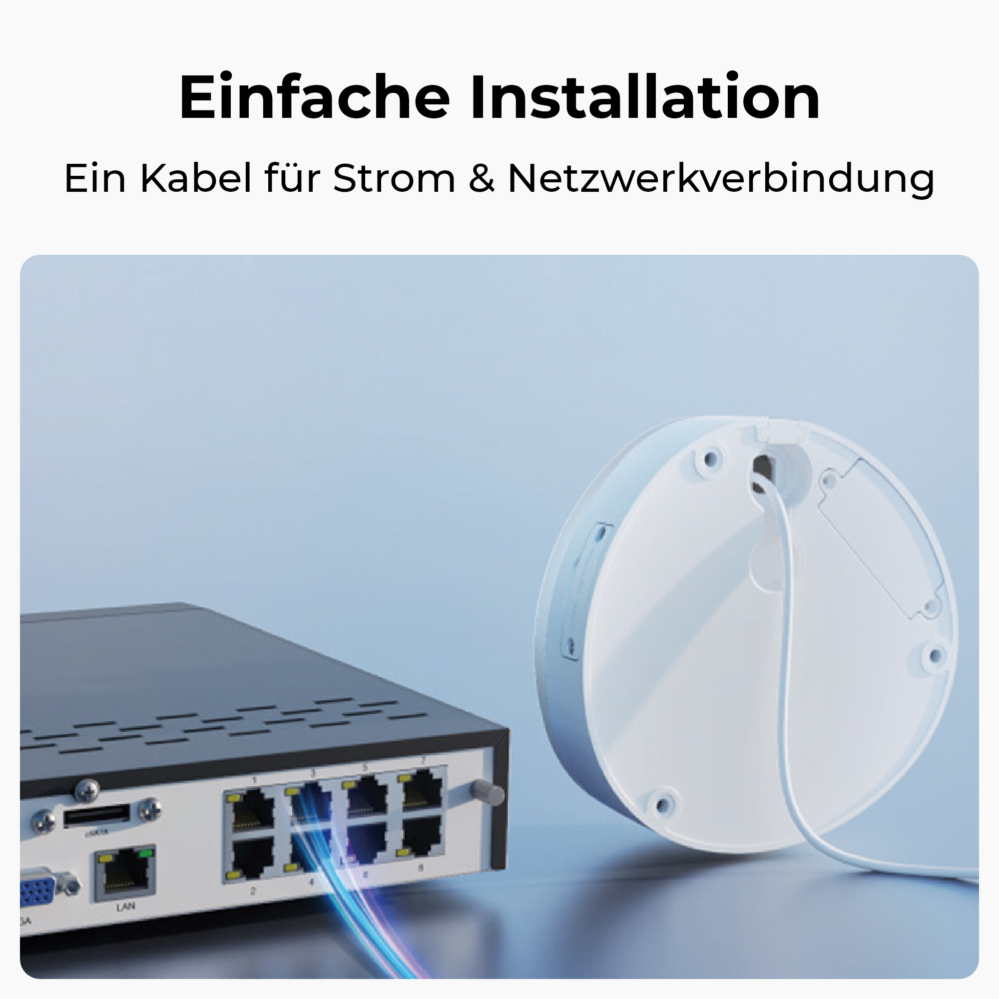 Ein Netzwerk-Switch verbindet sich mit einem weißen runden Gerät über ein Kabel.