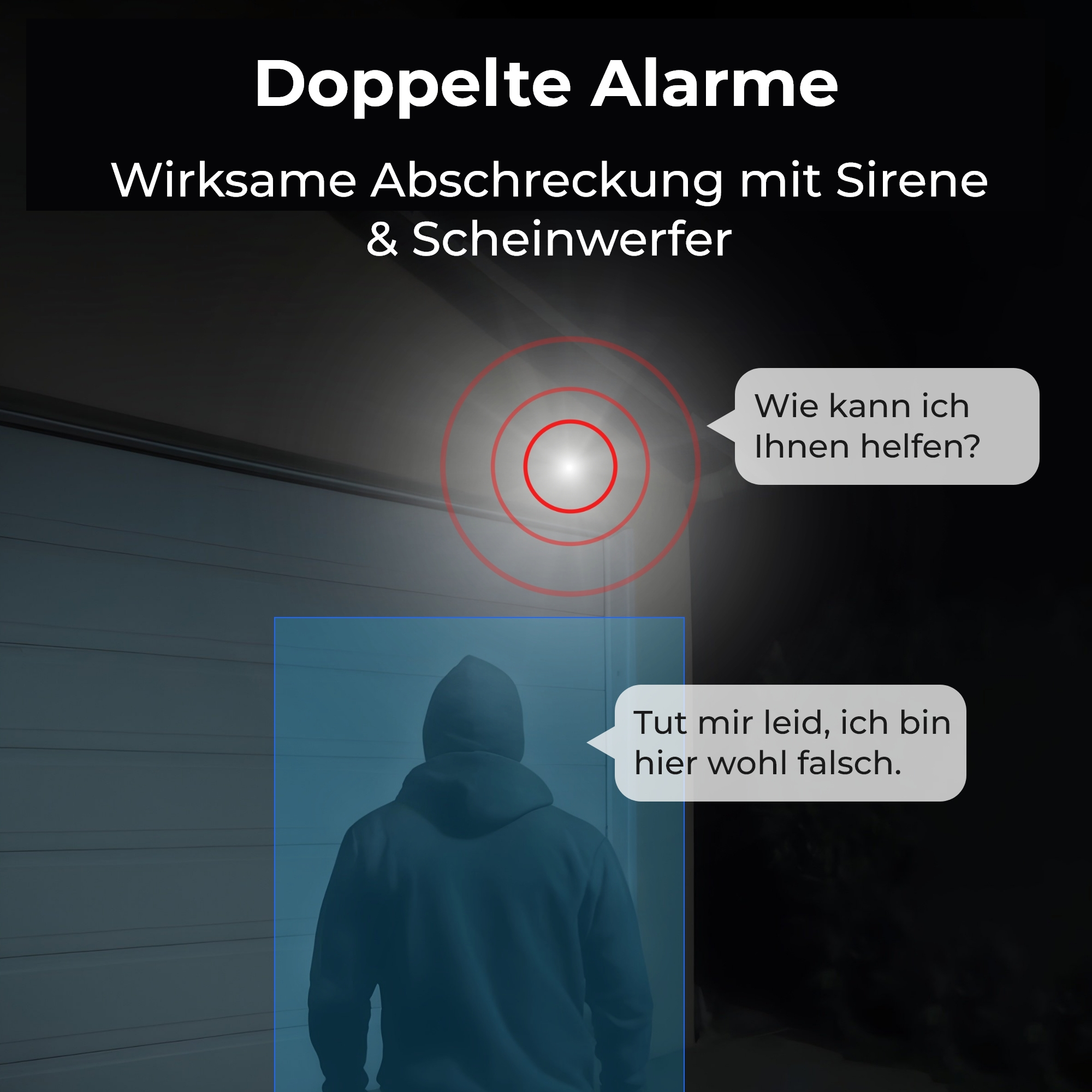 Ein Einbrecher vor einem Garagentor, mit Warnsymbolen und Textblasen.