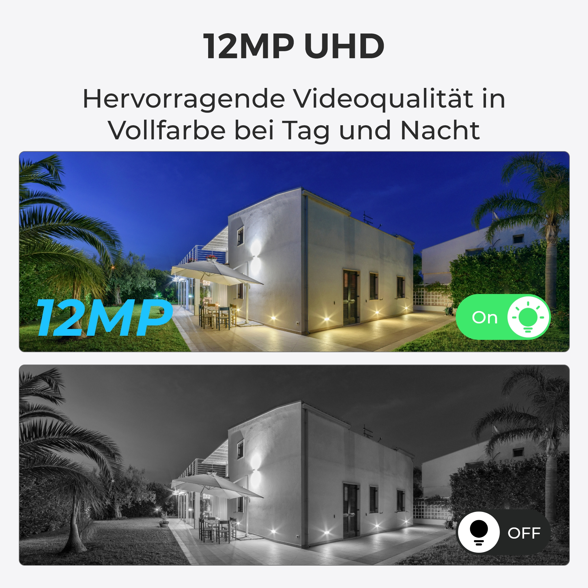 Zwei Bilder eines Hauses bei Nacht. Oben in Farbe, unten in Schwarzweiß.