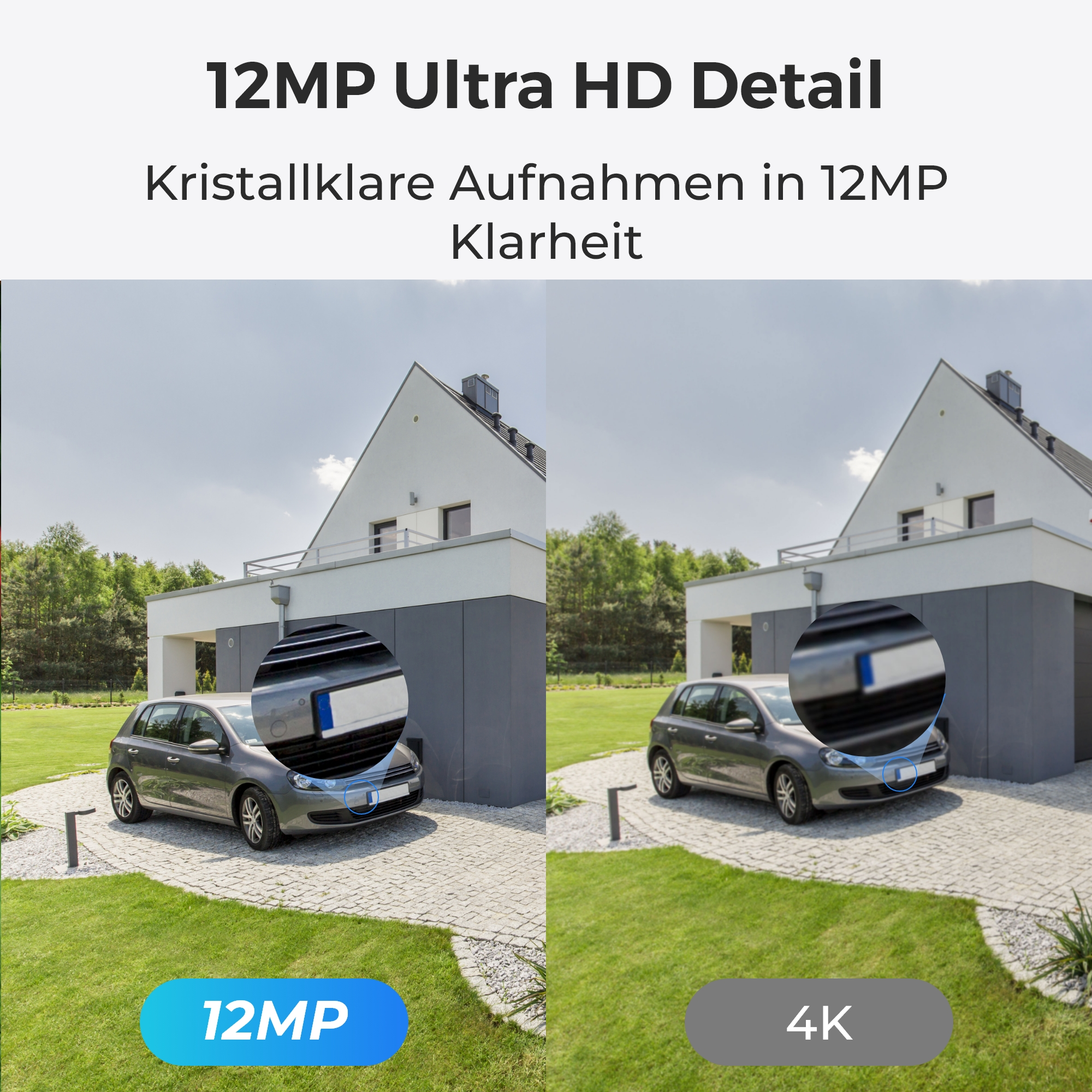 Zwei Bilder zeigen ein Auto vor einem Haus. Links ist eine 12MP-Ansicht, rechts eine 4K-Ansicht.