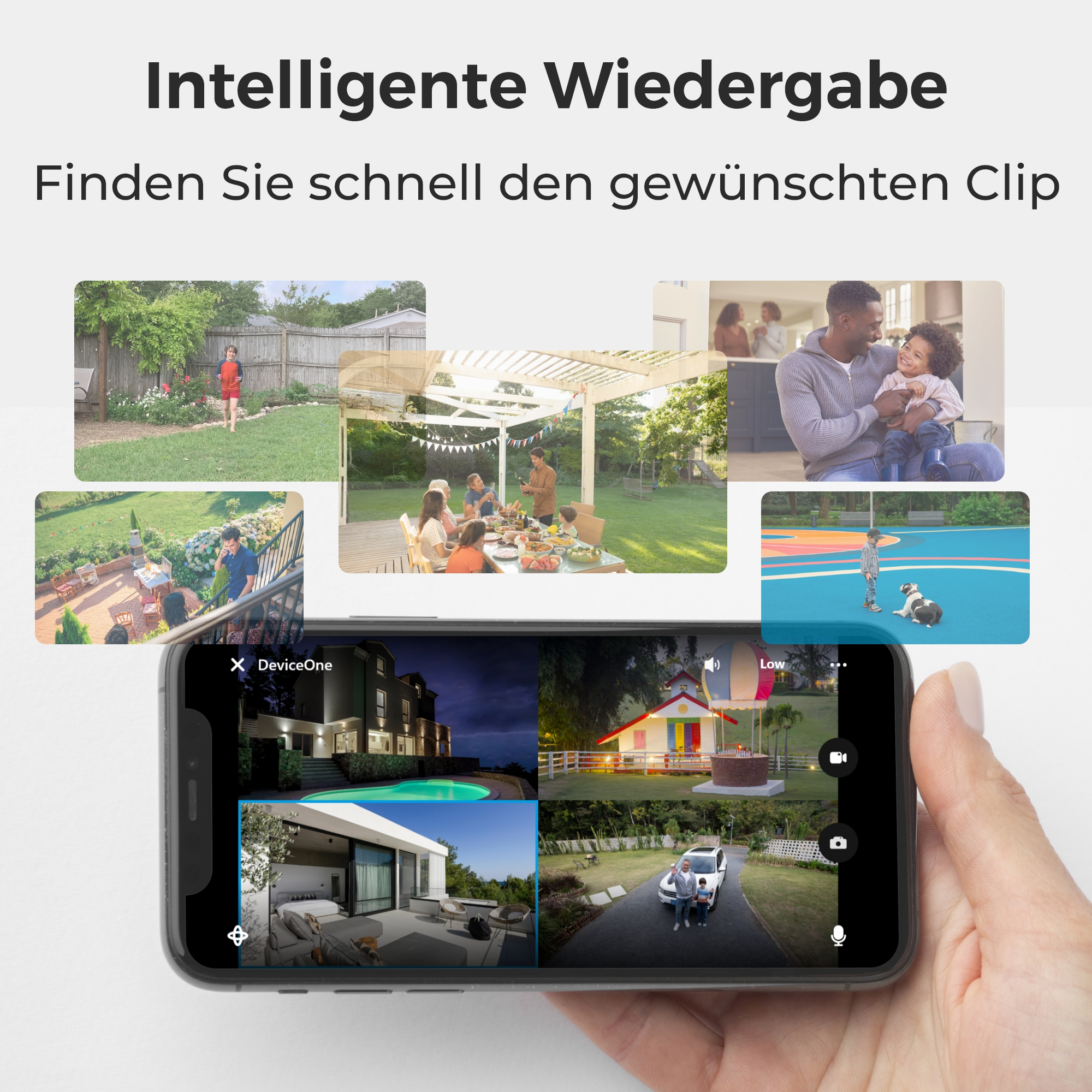 Smartphone zeigt Überwachungskamera-Aufnahmen: Garten, Familie, Haus, Hund auf Spielplatz.