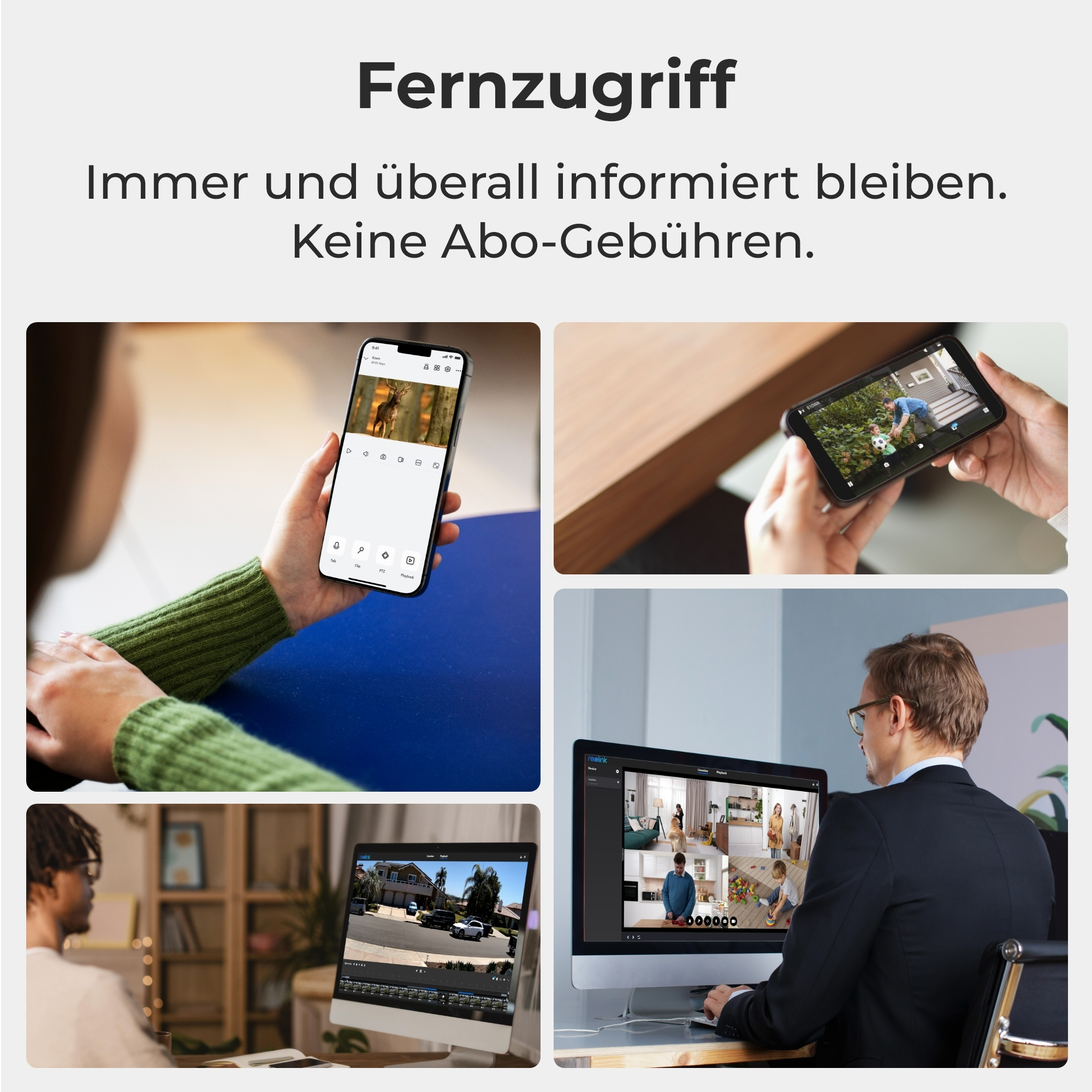 Mehrere Personen nutzen Überwachungskameras auf Handys und Computern.