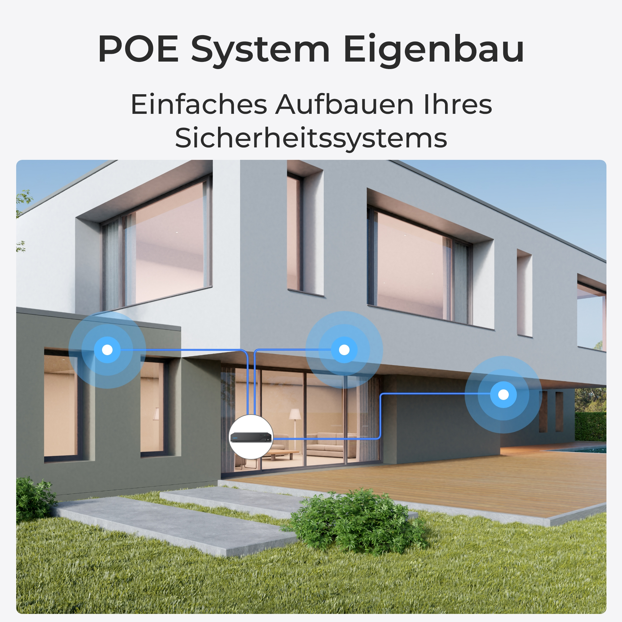 Modernes Haus mit PoE-System-Schema, blauen Signalringen und einem DVR.