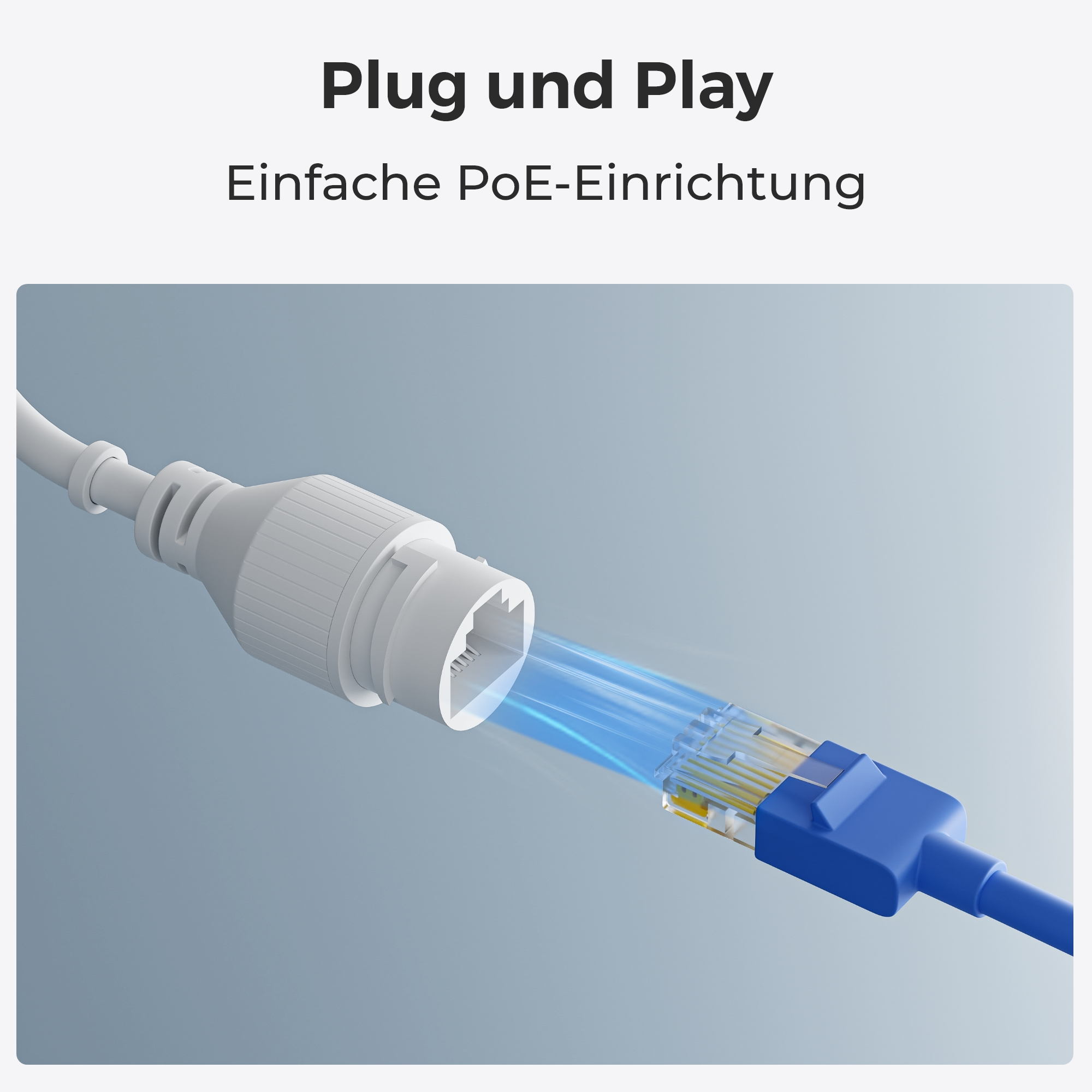 Ein weißer Stecker wird in eine Buchse gesteckt, blaue Lichter gehen aus.