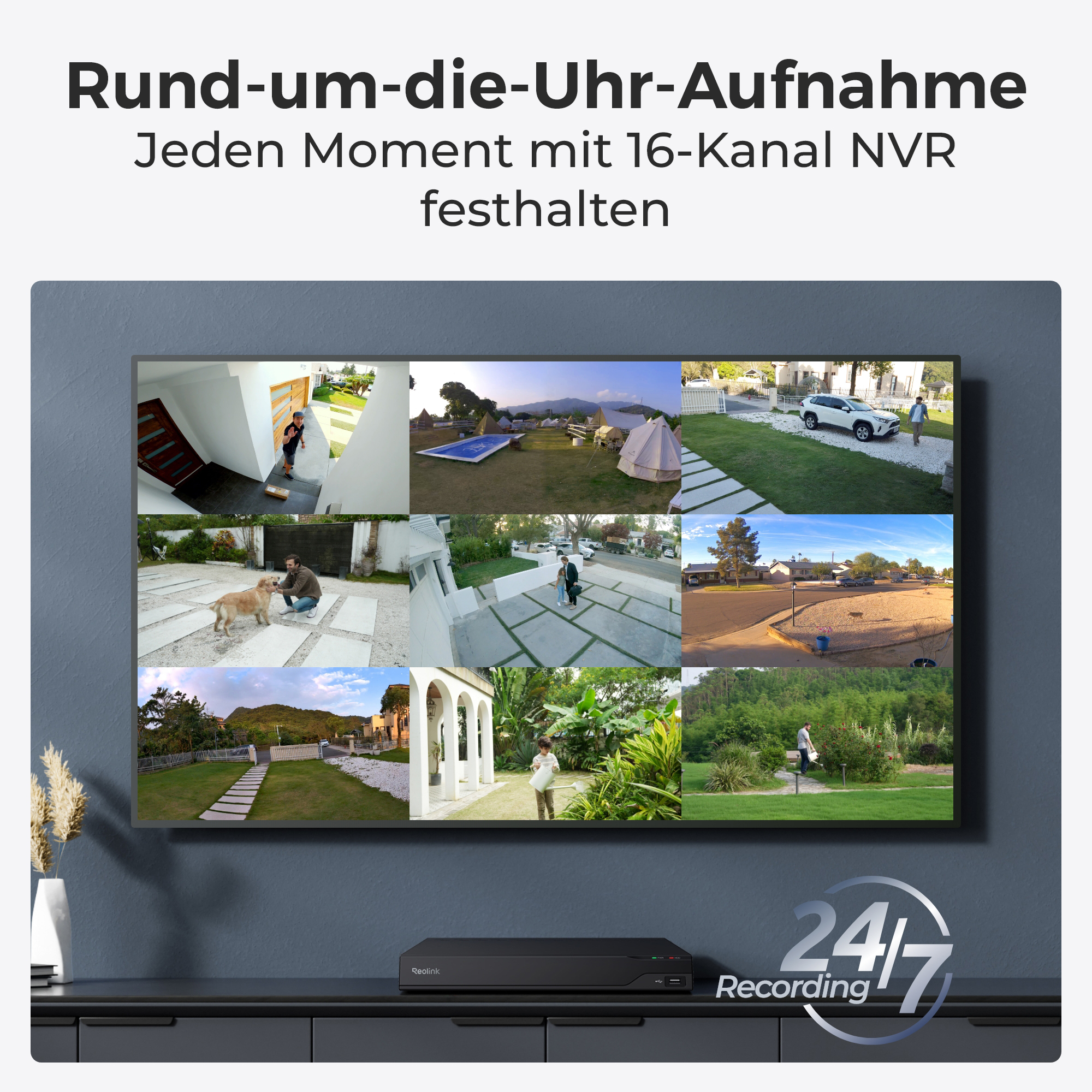 Eine Überwachungsaufnahme zeigt verschiedene Szenen: Eingang, Campingplatz, Auto, Hund, Paar, Stadtansicht, Garten.