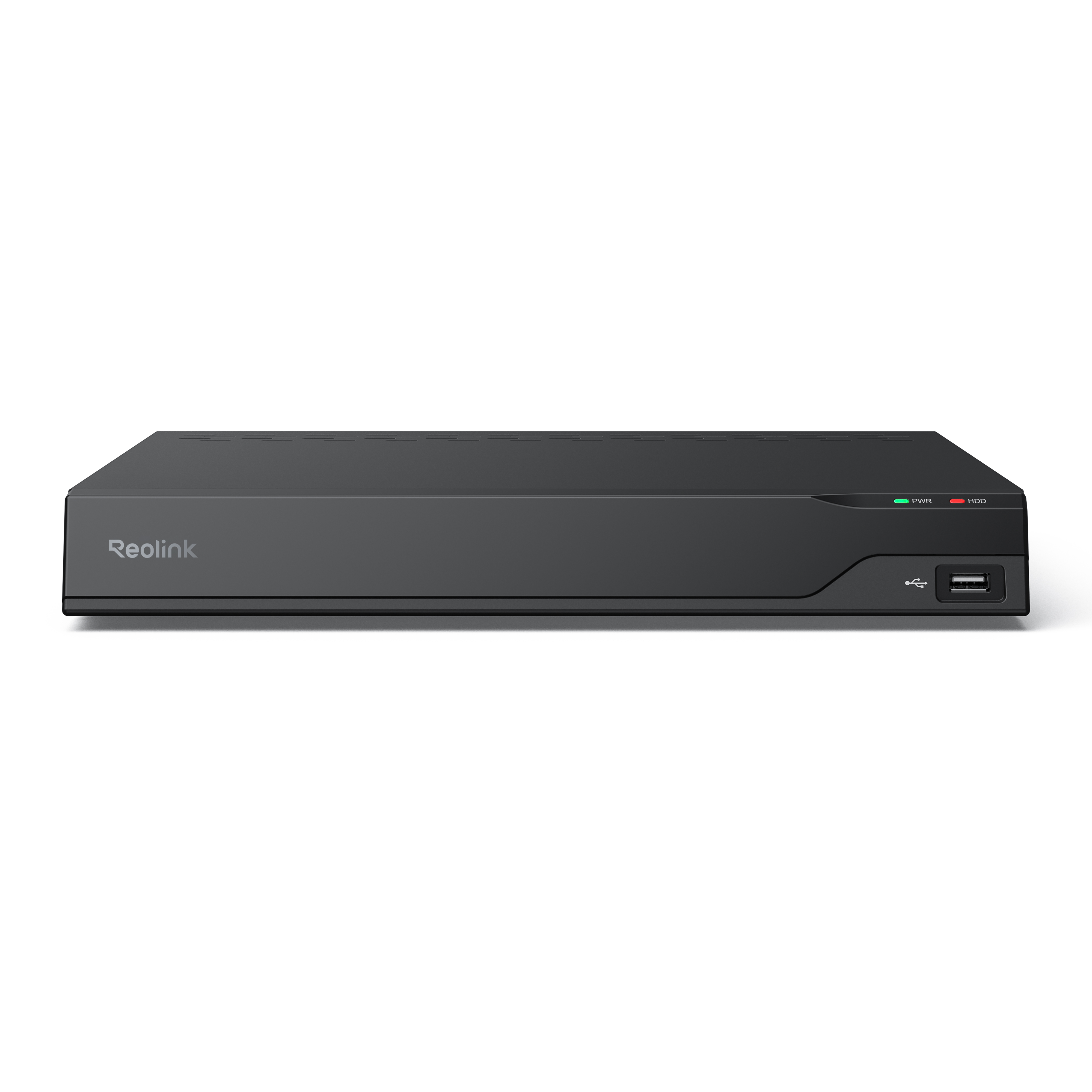 Schwarzer Reolink NVR mit USB-Anschluss, PWR- und HDD-LEDs.