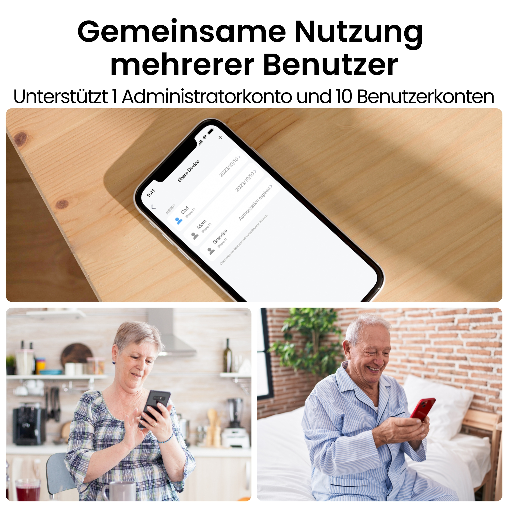 Drei Bilder: Handy-Screenshot, Frau in Küche, Mann im Schlafanzug.