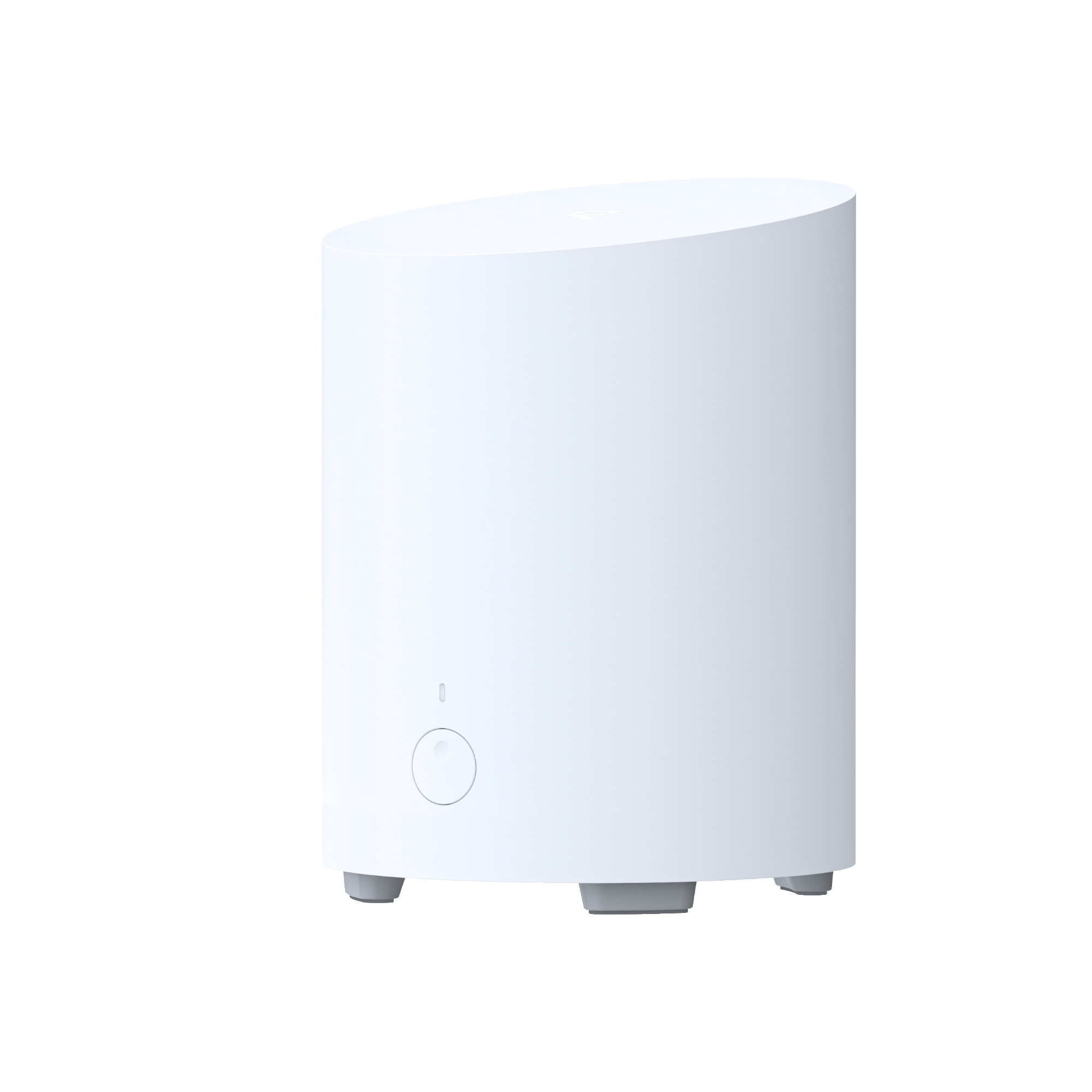 Ein weißer zylindrischer Router mit einem Knopf und vier Füßen.