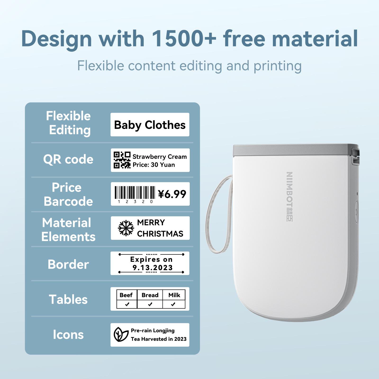 Ein Drucker zeigt flexible Bearbeitungsoptionen wie Babykleidung, QR-Codes, Preise, Elemente, Ränder, Tabellen und Symbole.