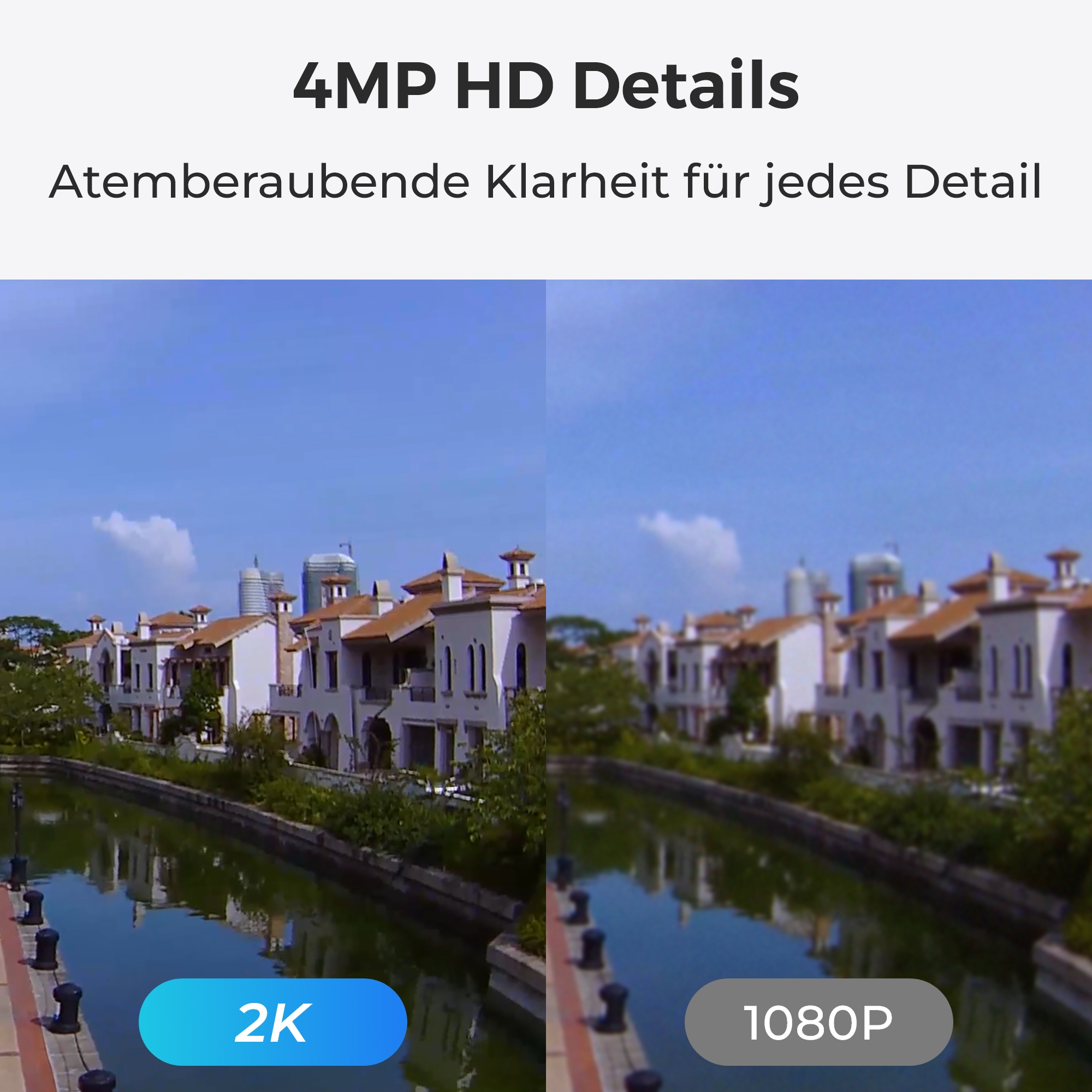 Vergleich von 2K- und 1080P-Auflösung: Häuser am Kanal unter blauem Himmel.
