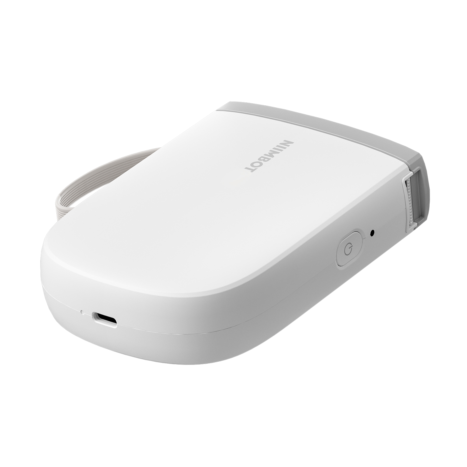 Ein weißer tragbarer Drucker mit grauer Oberseite und einem USB-C-Anschluss.