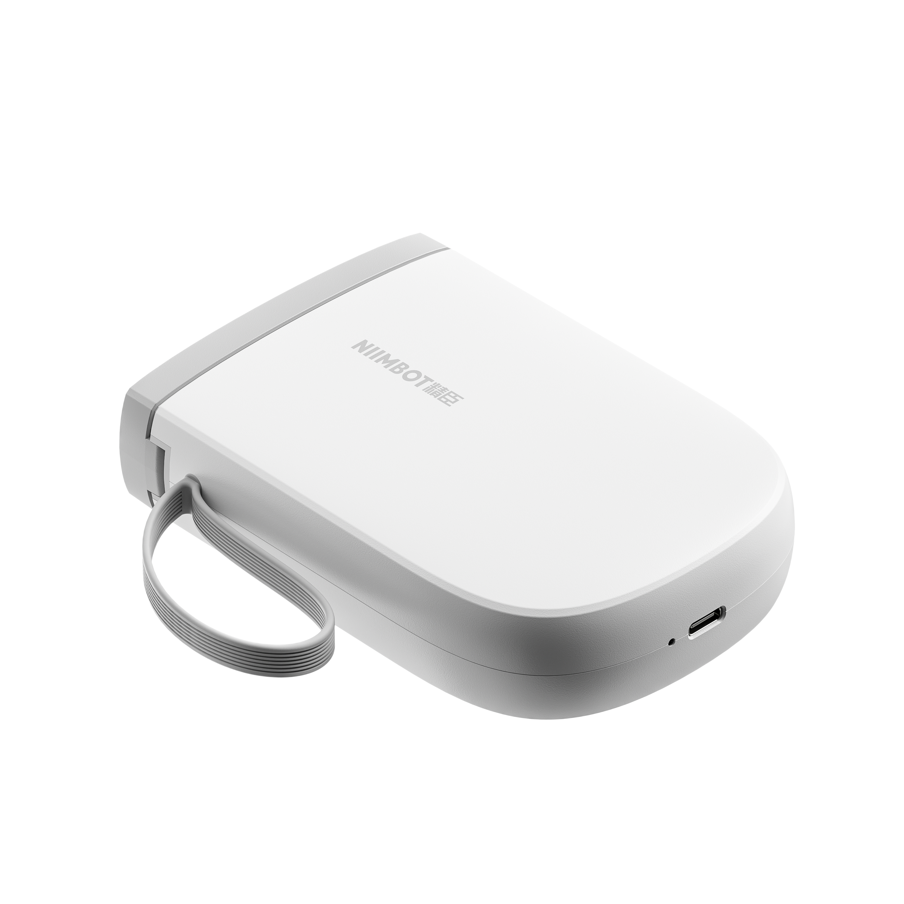 Ein weißer tragbarer Drucker mit einem USB-C-Anschluss und einem Griff.