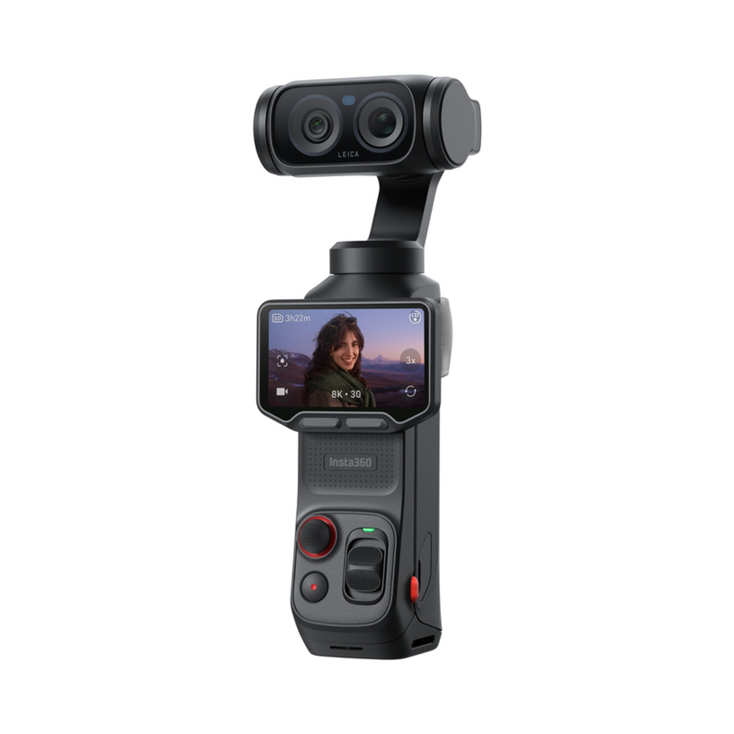 Un gimbal per fotocamera nero con obiettivi Leica e touchscreen.