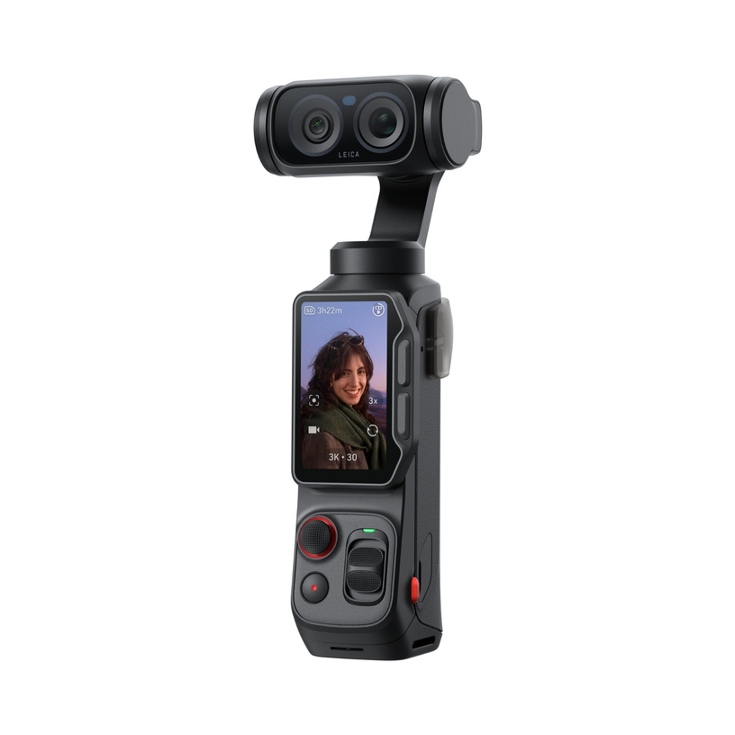 Un gimbal nero con due lenti e uno schermo che mostra una donna.