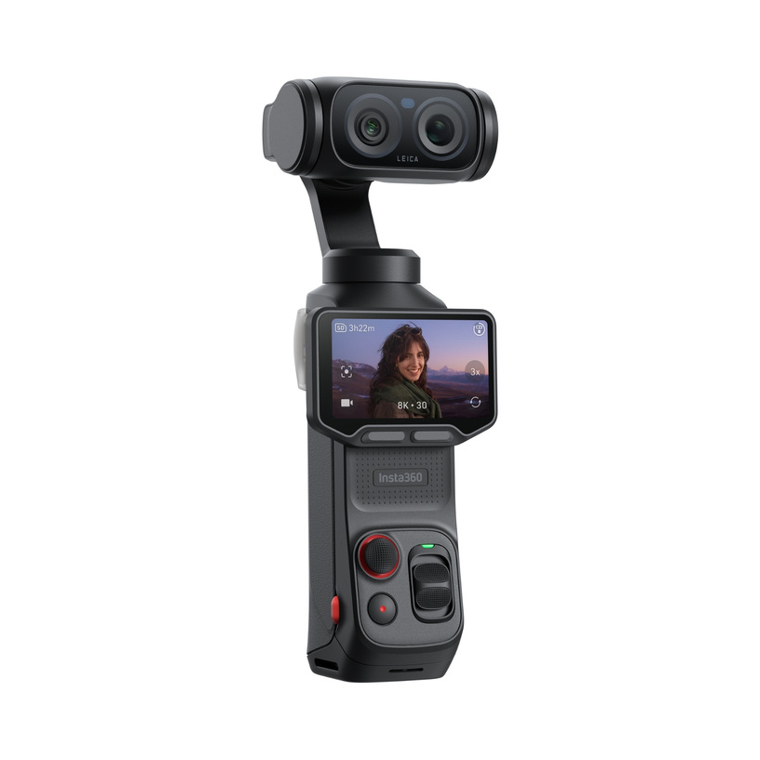 Un gimbal nero con fotocamera Leica e touchscreen che mostra un ritratto.
