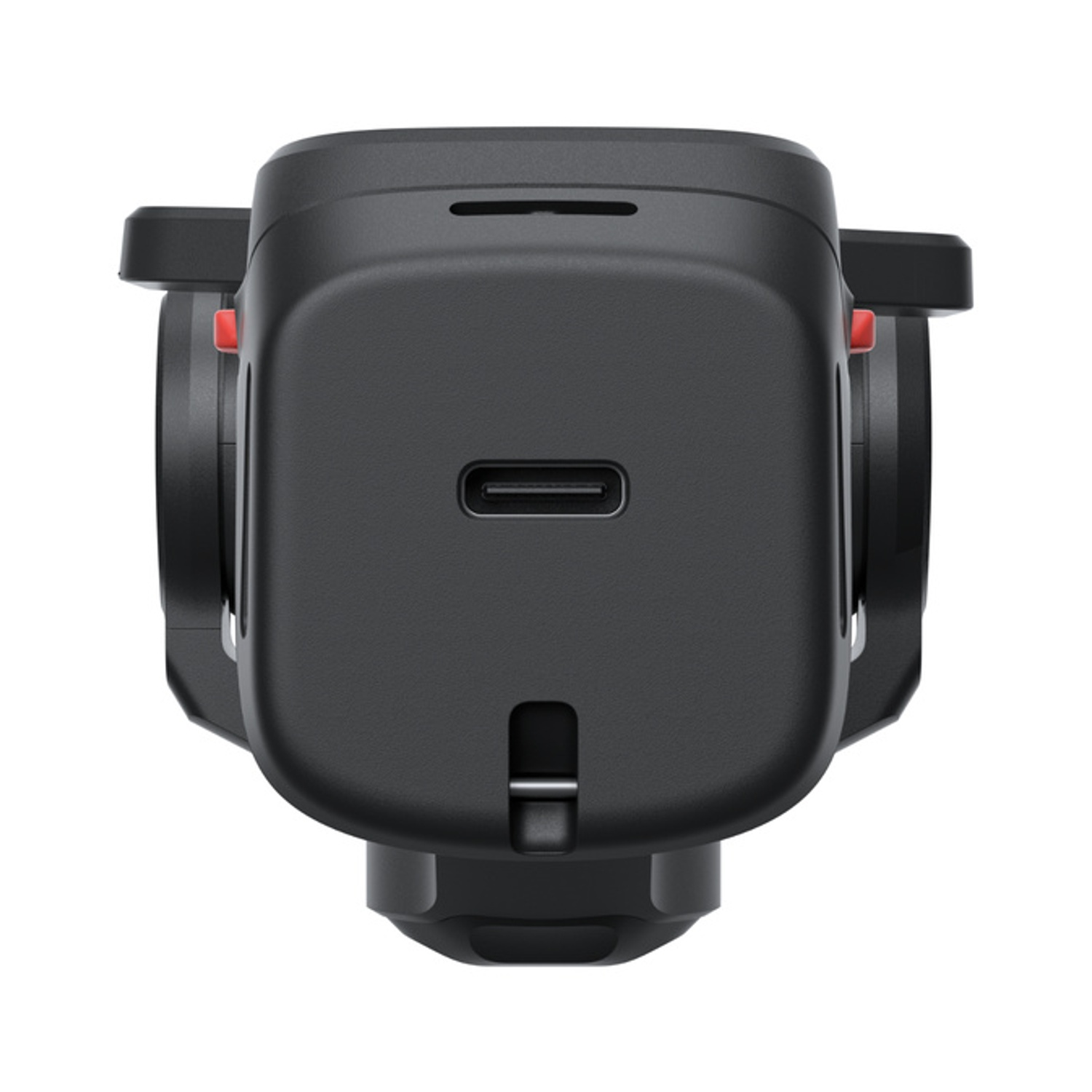Gimbal nero con porta USB-C e pulsante rosso.