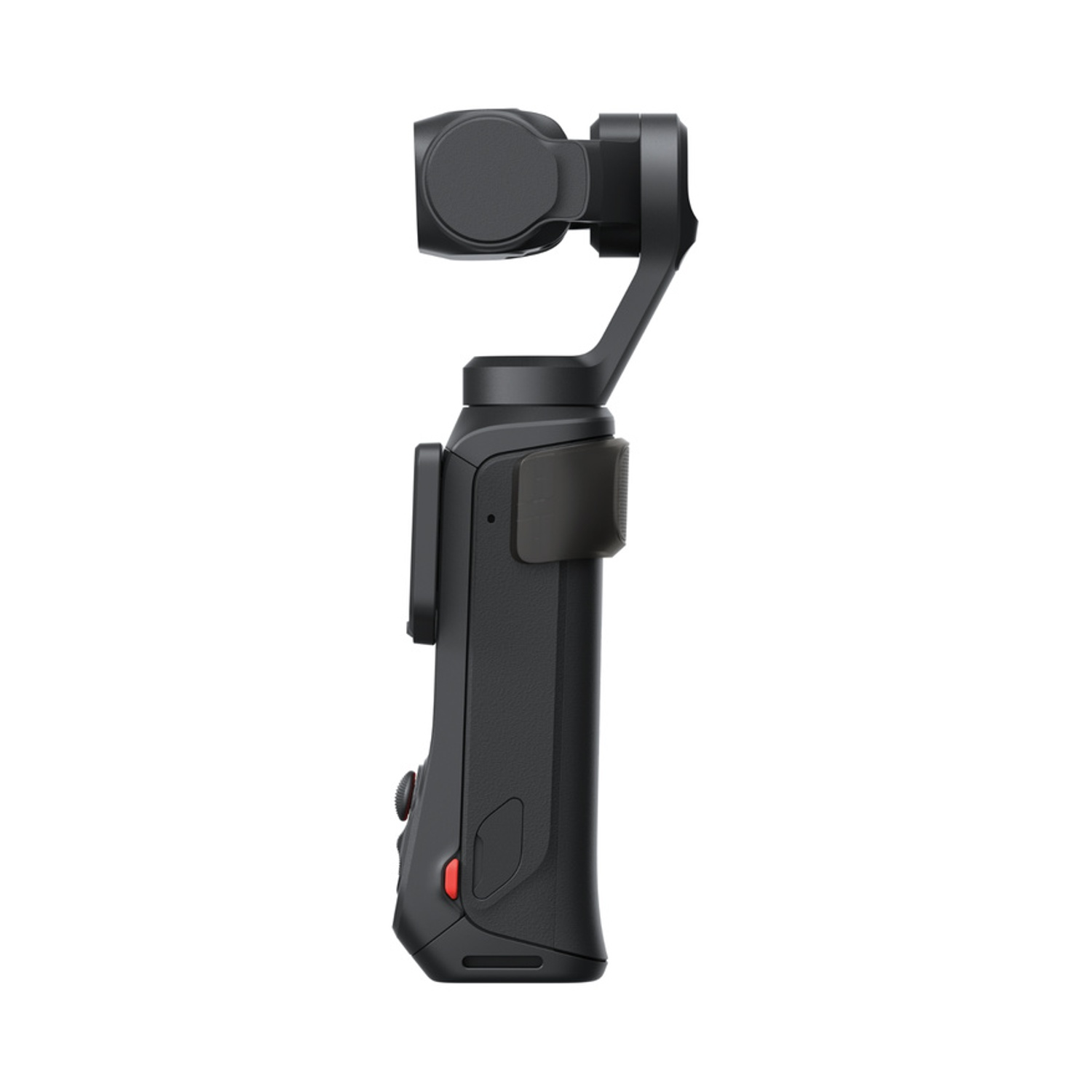 Gimbal nero con manico e supporto per fotocamera, su sfondo bianco.
