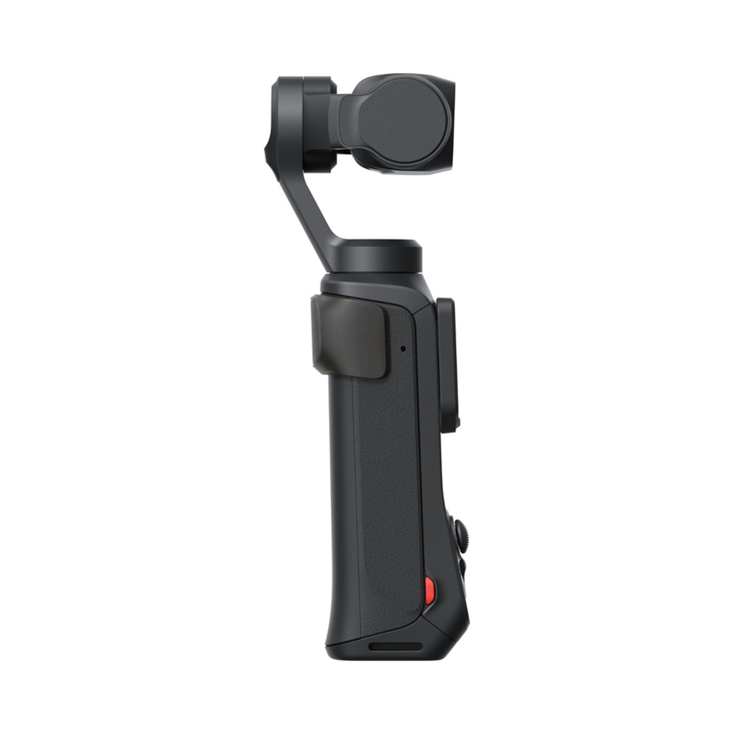 Stabilizzatore gimbal nero con manico e supporto per fotocamera su sfondo bianco.