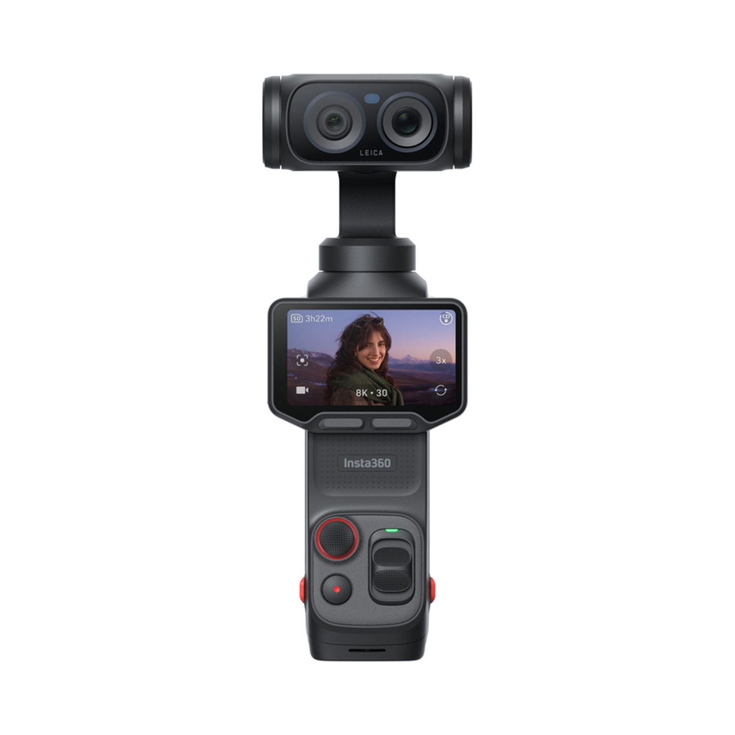 Gimbal nero con fotocamera Leica e touchscreen che mostra una donna.
