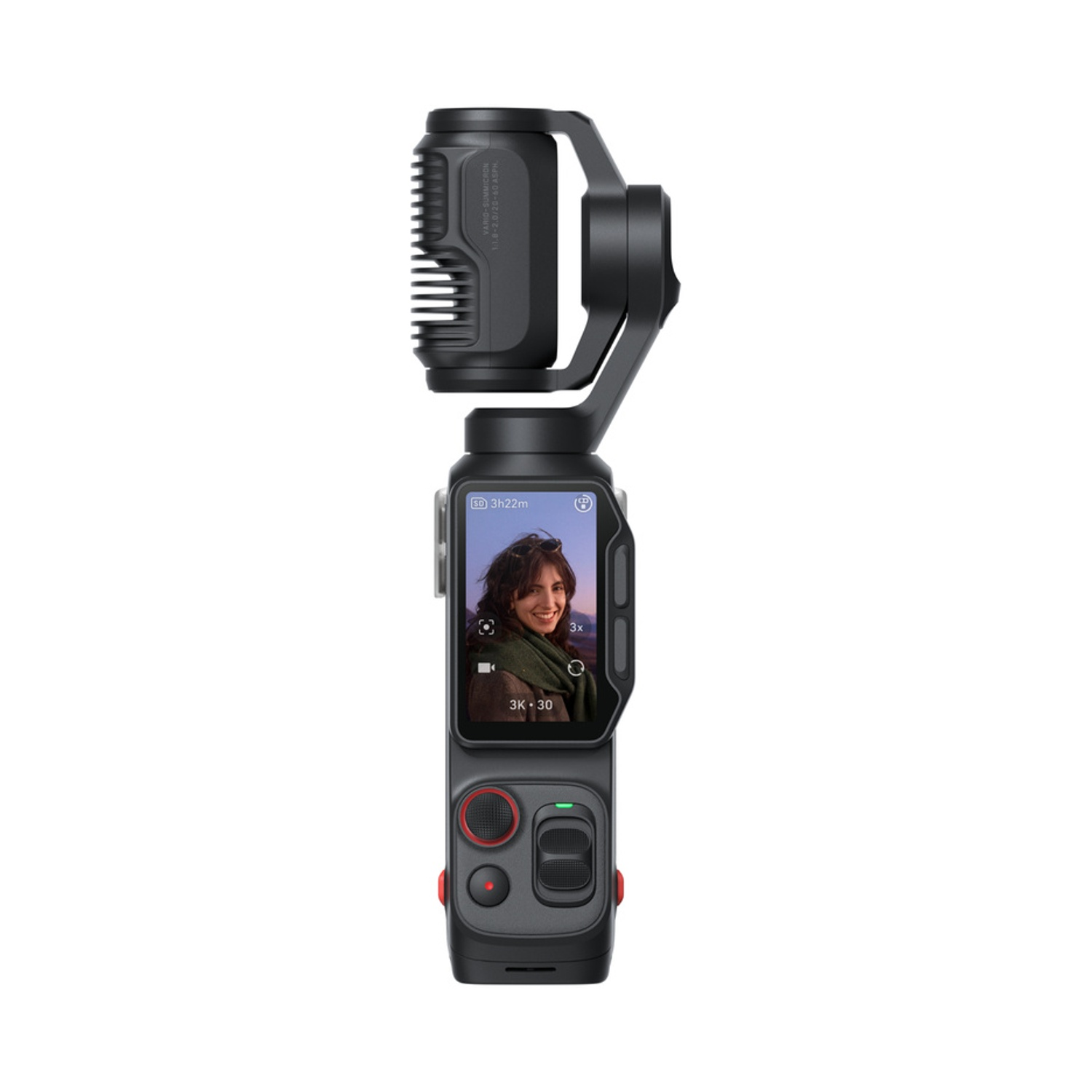 Un gimbal nero con schermo mostra una donna. Ci sono prese d'aria in alto.