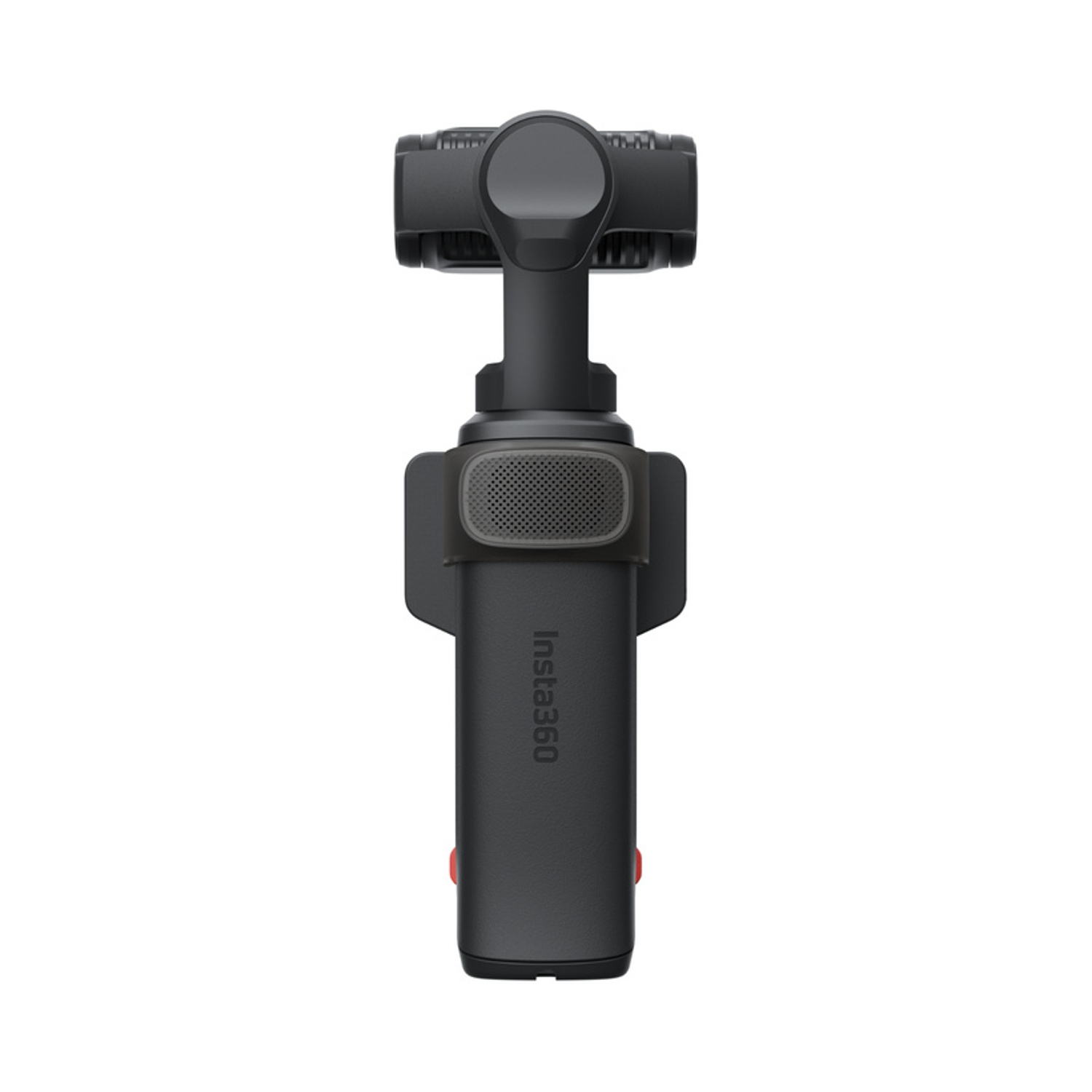 Un gimbal Insta360 nero con manico e supporto per fotocamera su sfondo bianco.