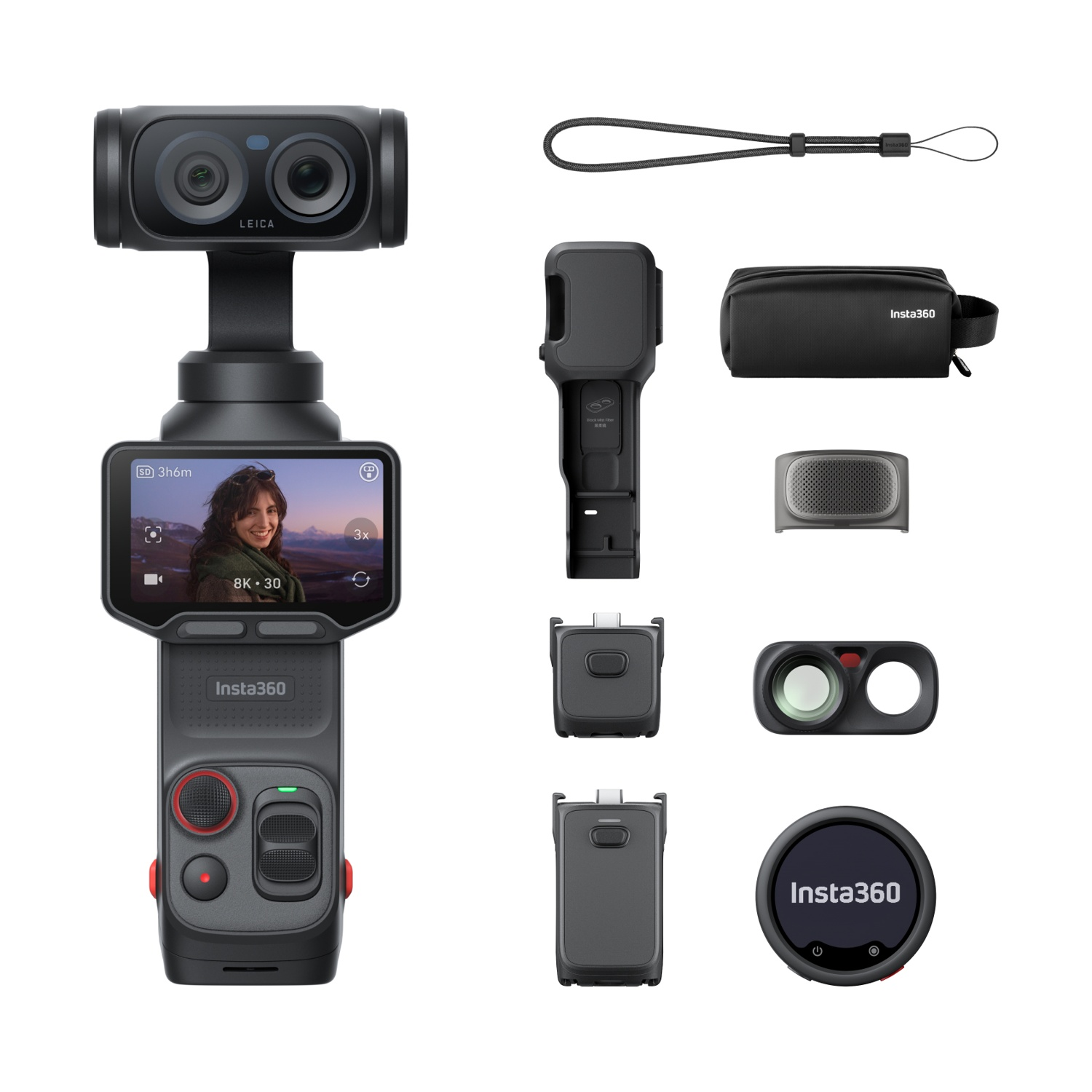 Un kit di action camera Insta360 nero con accessori su sfondo bianco.