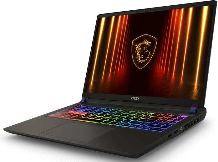 Fekete laptop világító billentyűzettel és MSI logóval.